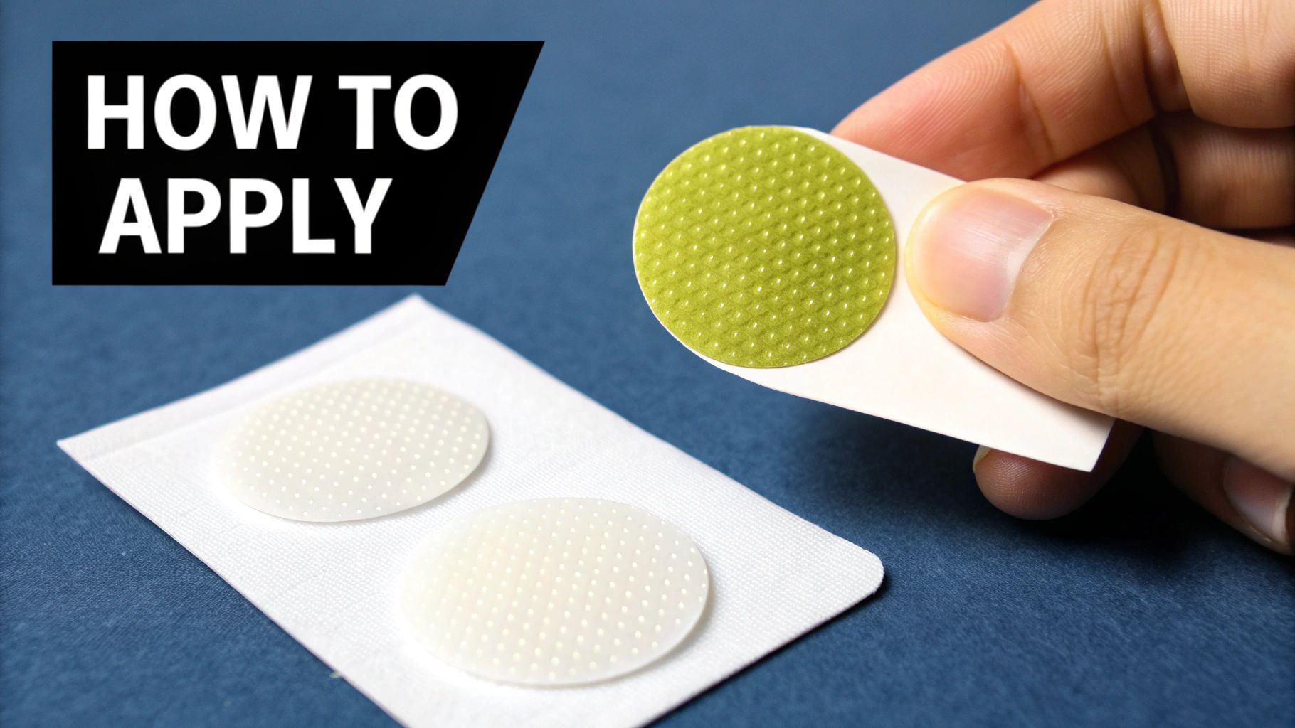 A hand peeling a green textured patch from a white backing, with other patches and 'HOW TO APPLY' text visible.