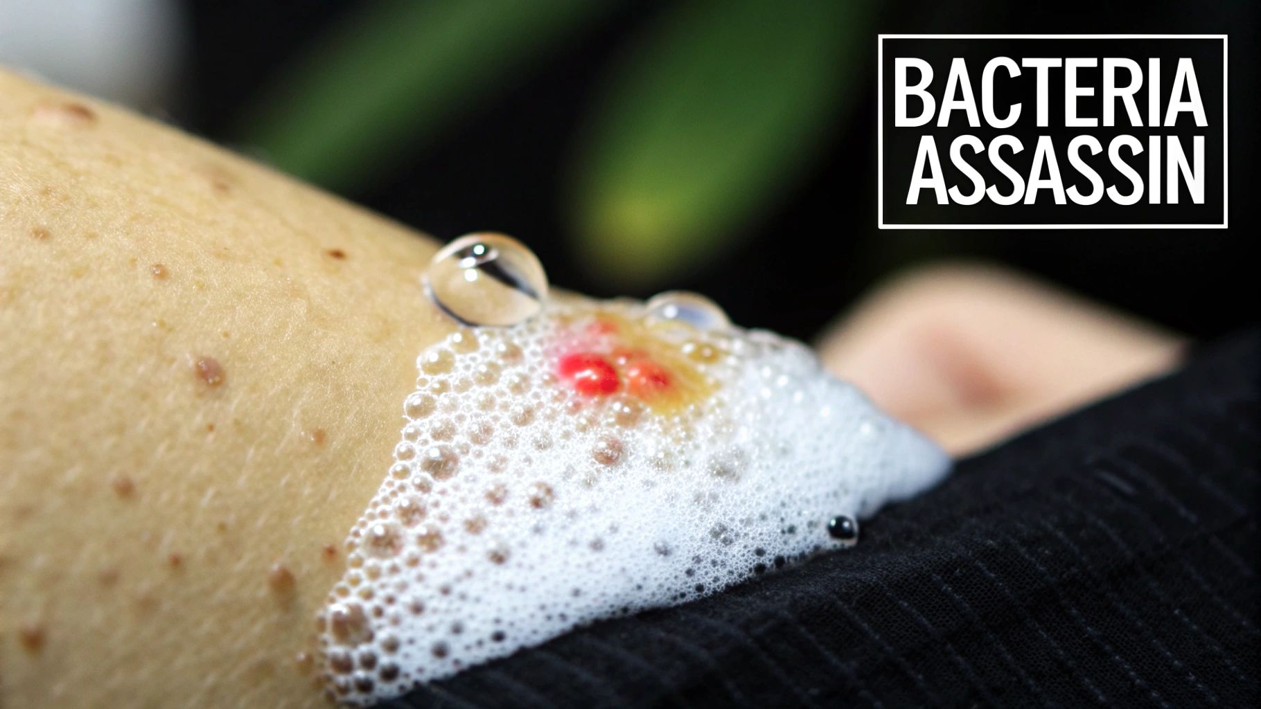 A microscopic view showing benzoyl peroxide molecules releasing oxygen to combat acne-causing bacteria within a skin pore.