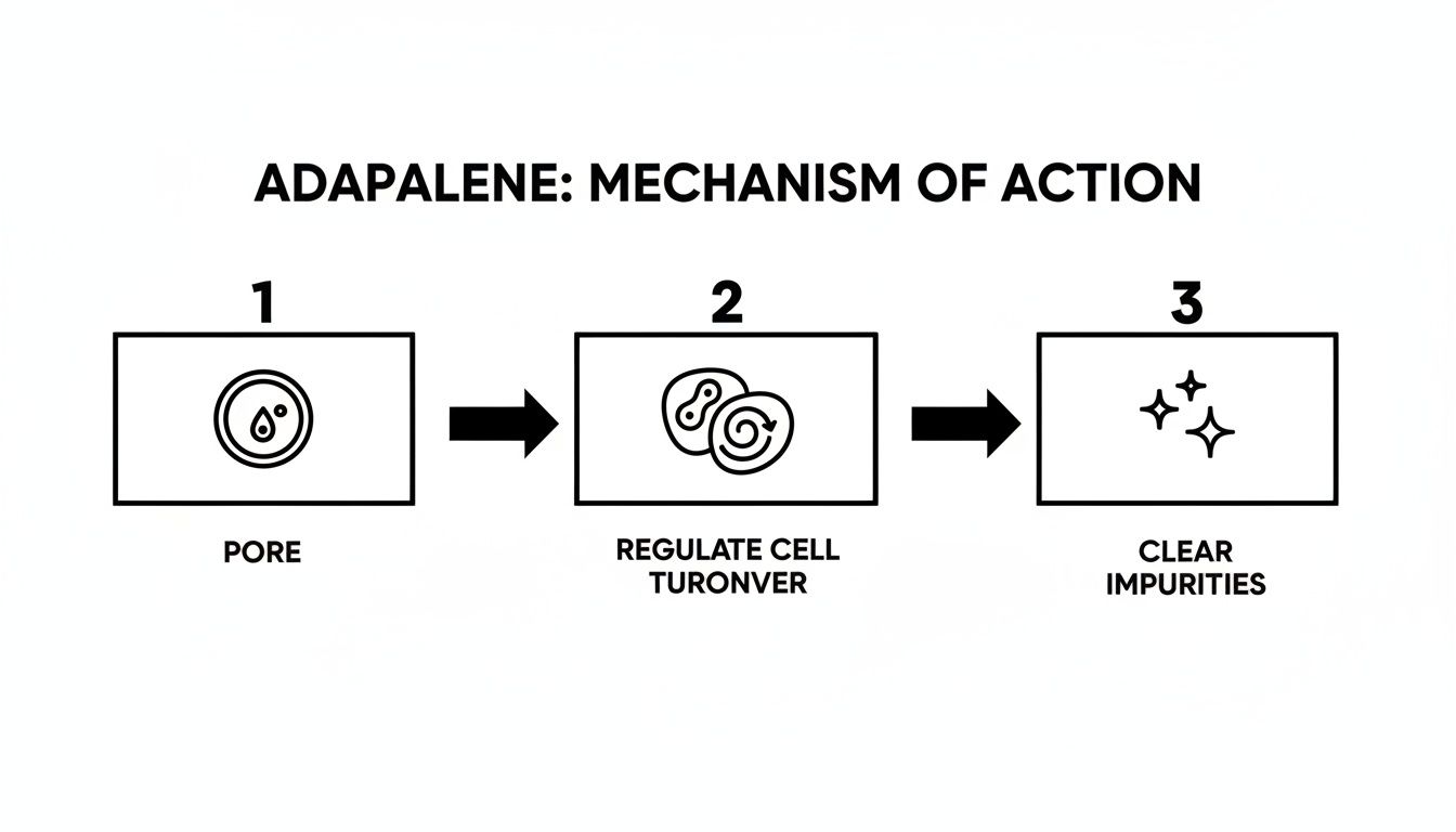 Adapalene mechanism of action diagram showing three steps: pore, regulate cell turnover, and clear impurities.