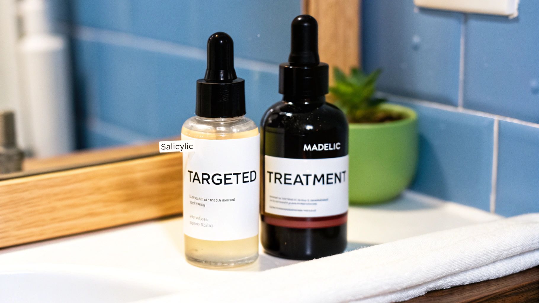 A bottle of Neutralyze acne treatment product next to a plant, symbolizing a natural yet scientific approach.