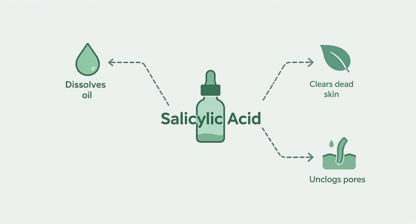 An infographic concept map showing Salicylic Acid at the center, with branches leading to icons for Dissolves Oil, Clears Dead Skin, and Unclogs Pores.