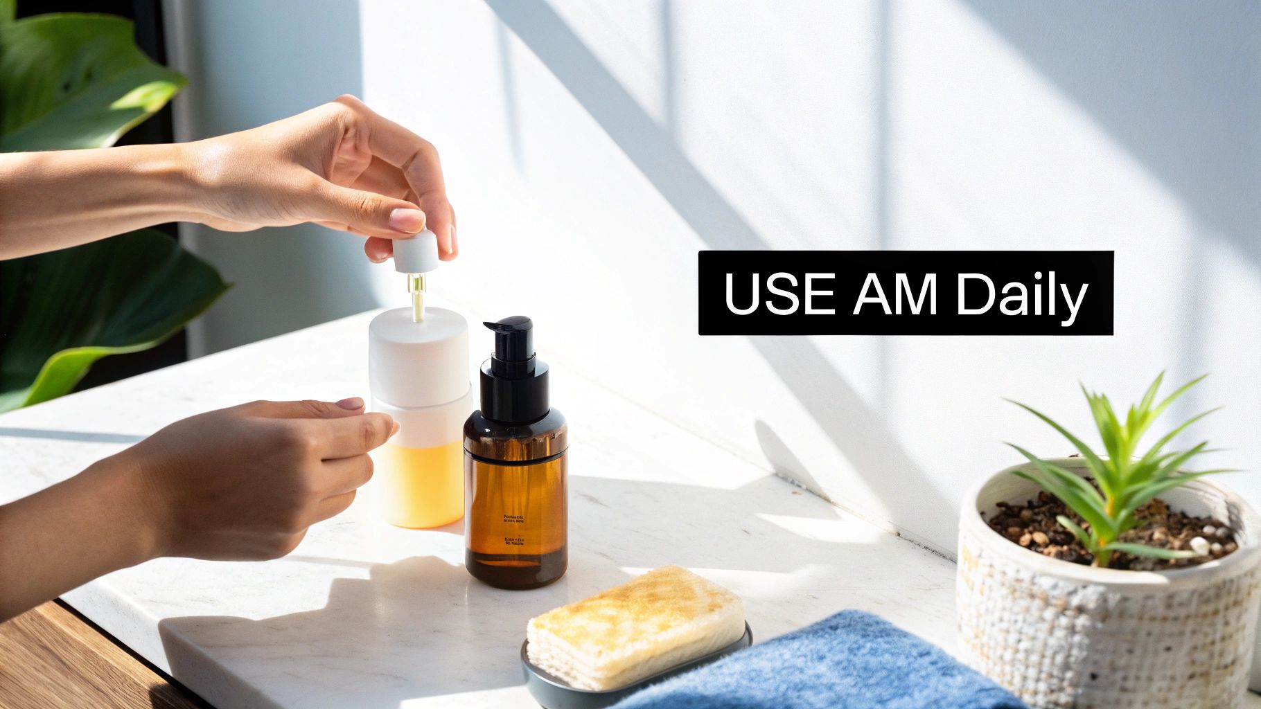 A person's hands dispensing product from a white bottle, with other skincare items and a plant.