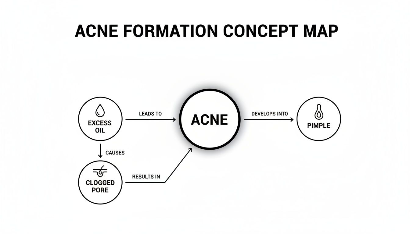 A concept map illustrating the formation of acne, showing how excess oil and clogged pores lead to acne and eventually a pimple.