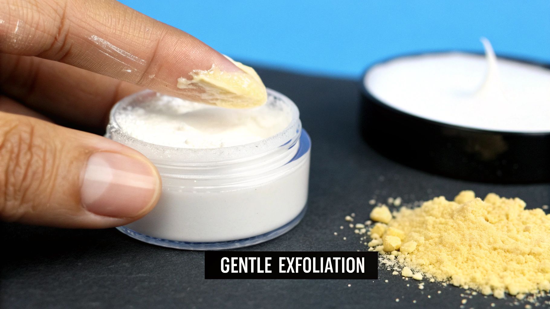 A person applying a gentle, light-yellow sulfur-based cream to their face, highlighting its calming properties.