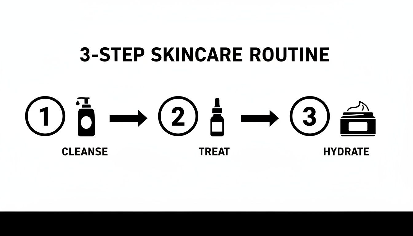 An infographic illustrating a simple 3-step skincare routine: cleanse, treat, and hydrate.