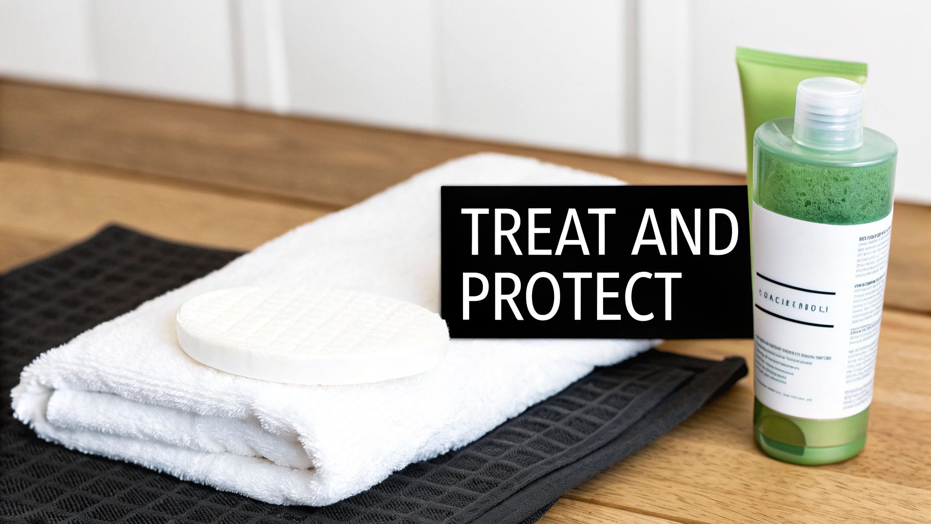 Skincare products including a green bottle, tube, and folded towels with a 'Treat and Protect' sign.