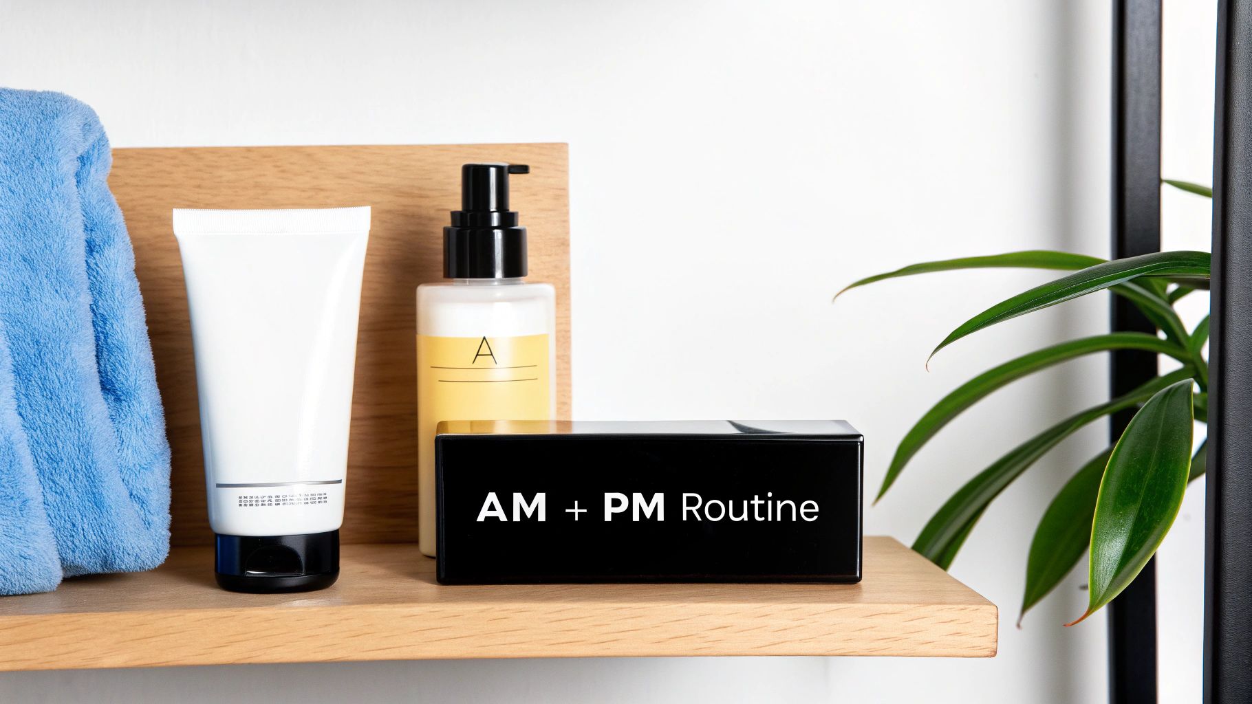 Skincare products, a blue towel, and a box saying 'AM + PM Routine' on a wooden shelf.