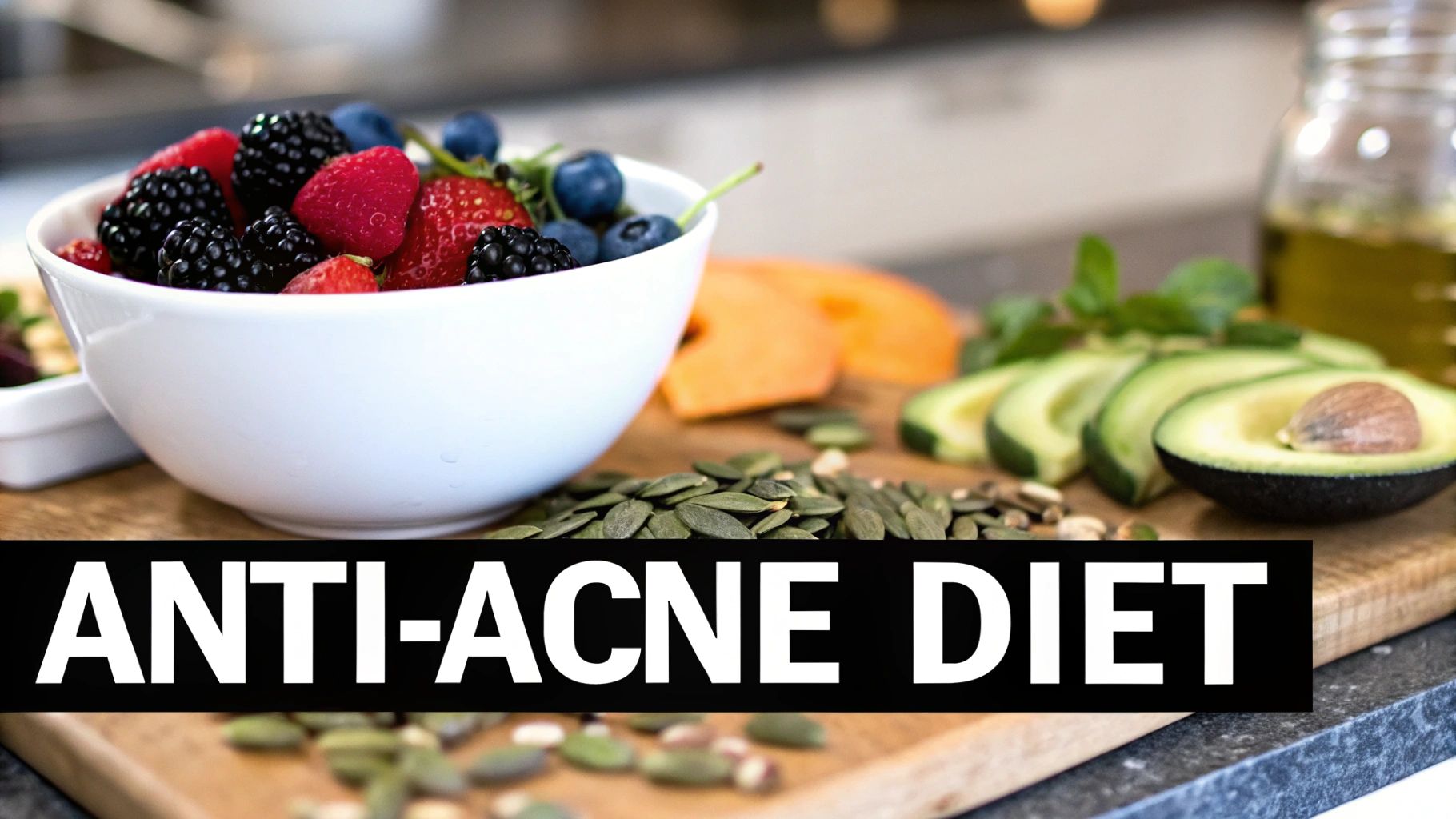 A vibrant assortment of fruits and vegetables on a wooden table, symbolizing a skin-friendly diet.