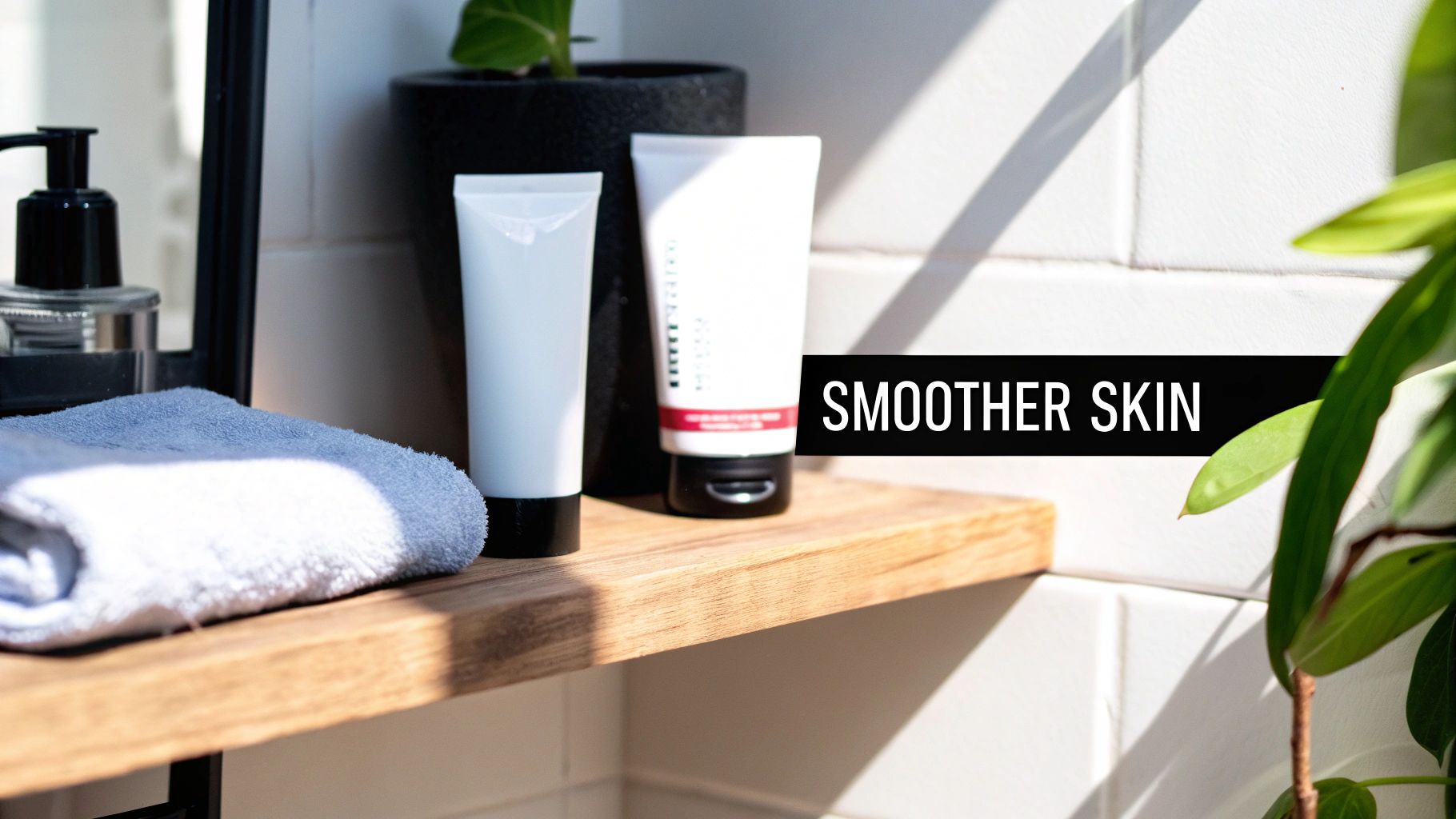 Bathroom shelf with white tubes of skincare products, a towel, and a plant.