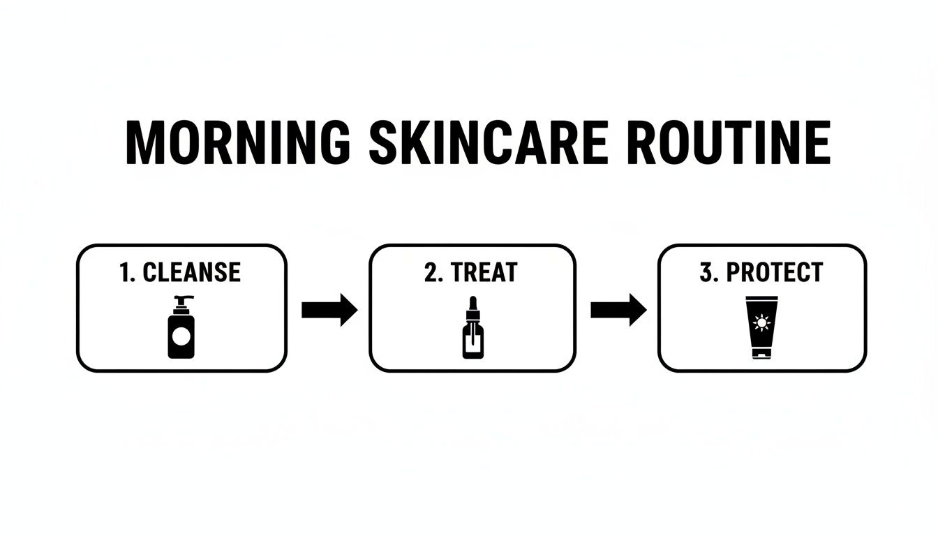 Diagram illustrating a three-step morning skincare routine: cleanse, treat, and protect.