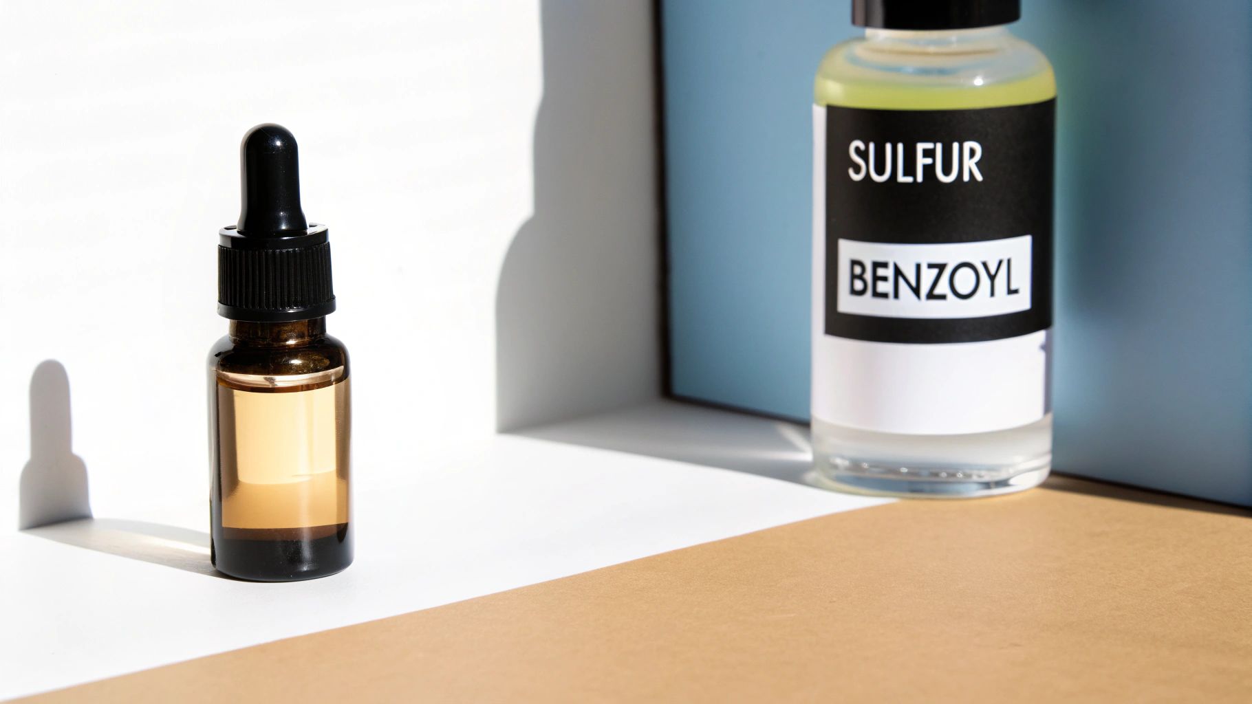 A split image showing a yellow sulfur crystal on one side and a white benzoyl peroxide powder on the other.