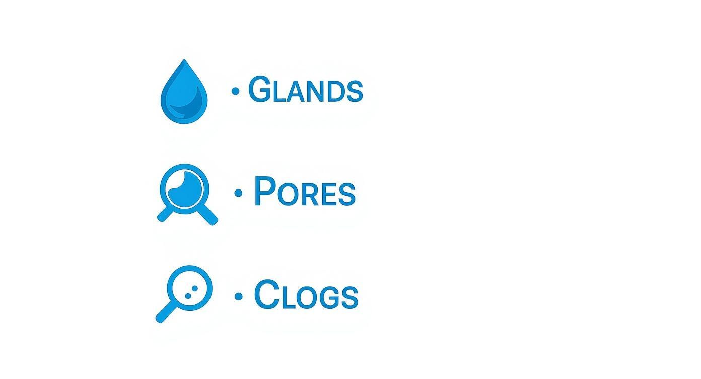 Three blue icons illustrating glands (droplet), pores (magnifying glass with wave), and clogs (magnifying glass with dots).