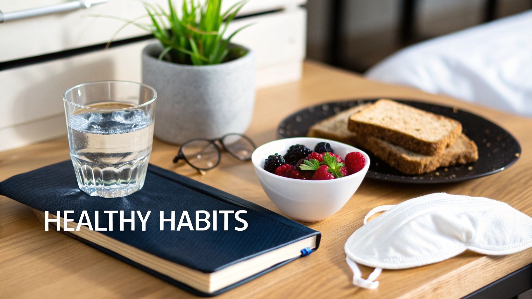 A bedside table with water, fruit, toast, notebook, and sleep mask, symbolizing healthy habits.