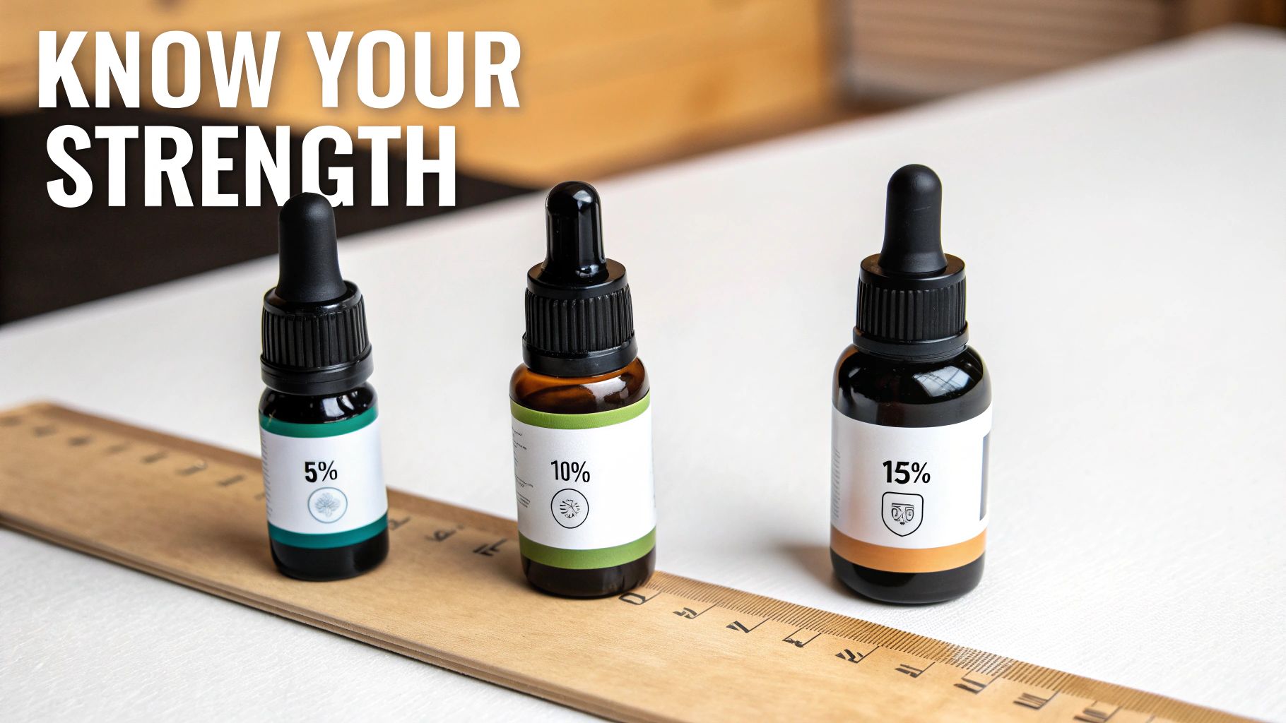 Three dropper bottles showing 5%, 10%, and 15% strength concentrations on wooden ruler