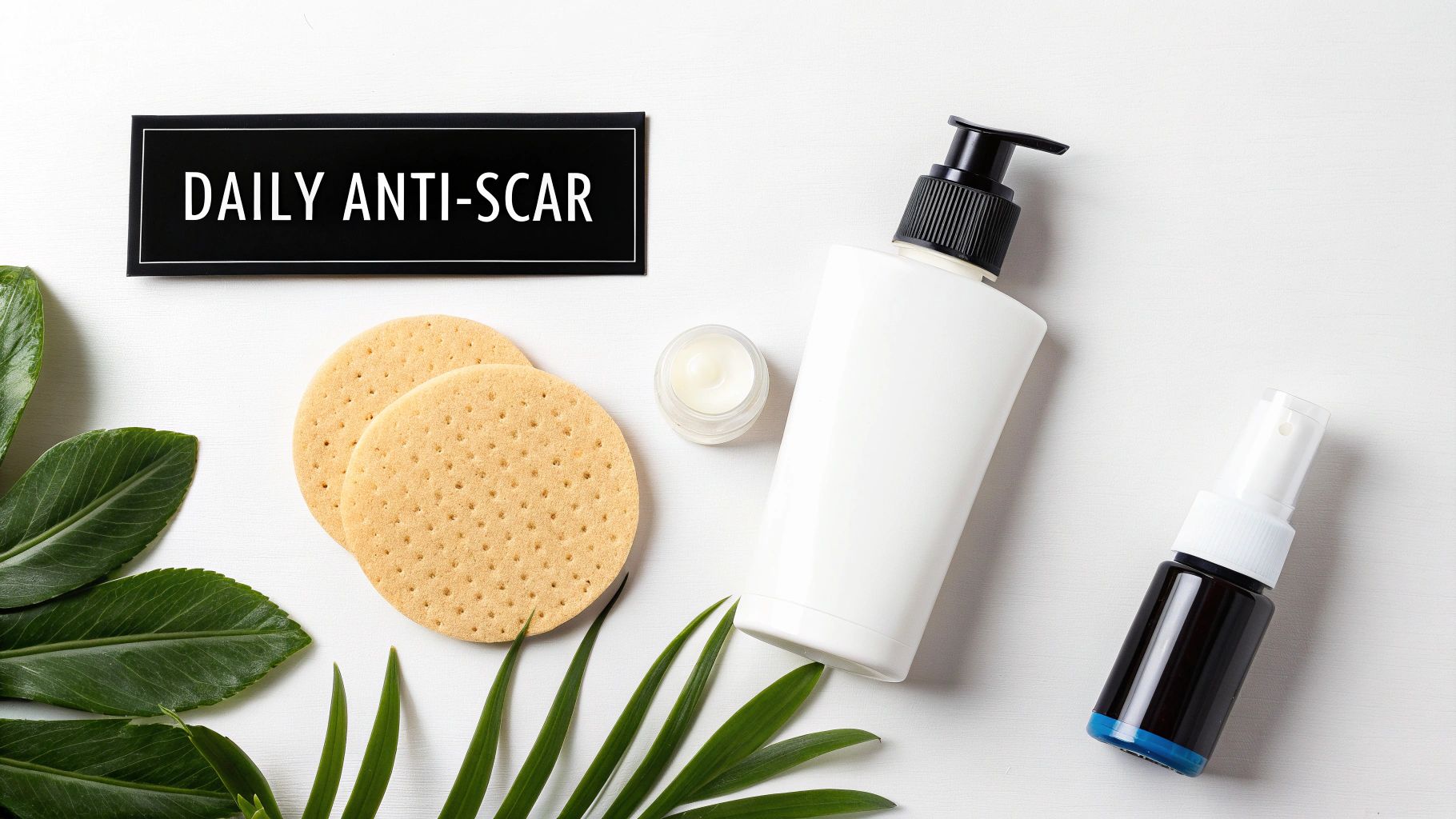 Flat lay of daily anti-scar skincare products including cream, lotion, and pads with green leaves.