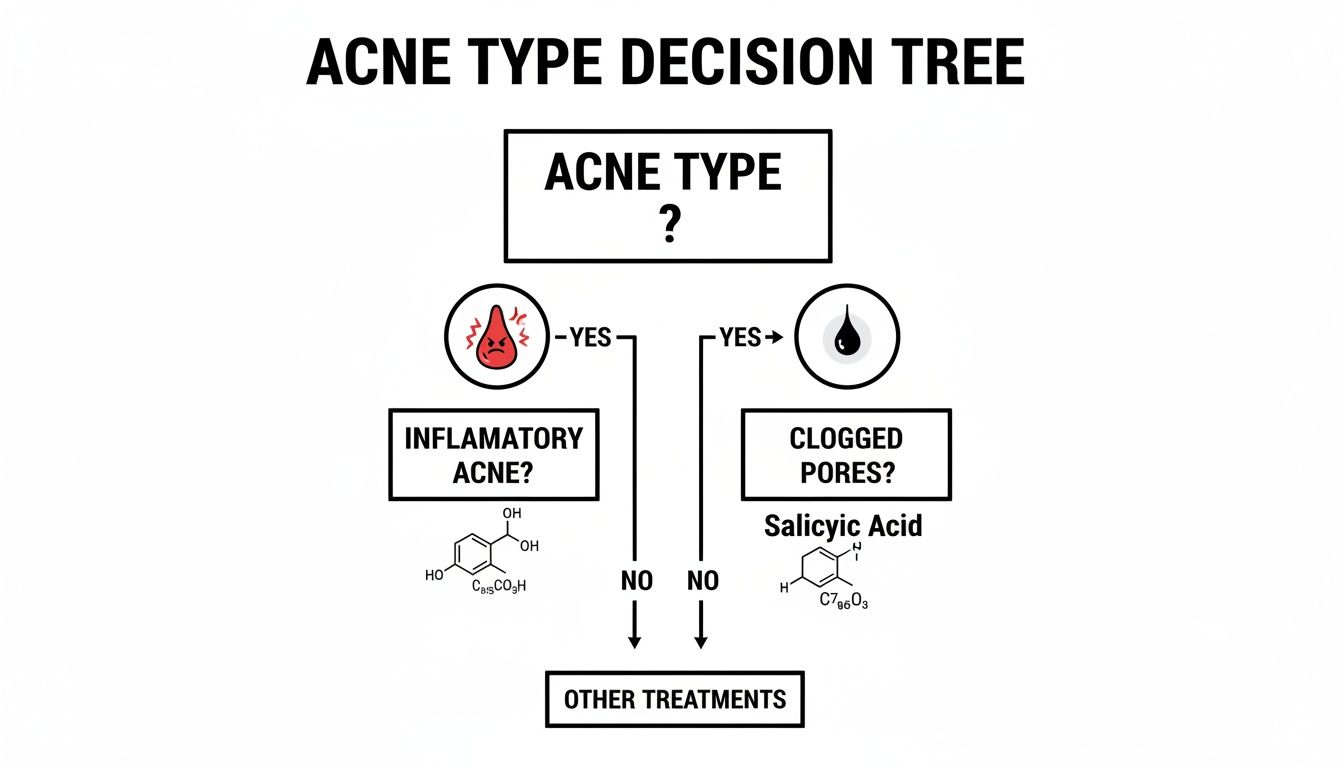 Acne type decision tree guiding treatment options for inflammatory acne or clogged pores.