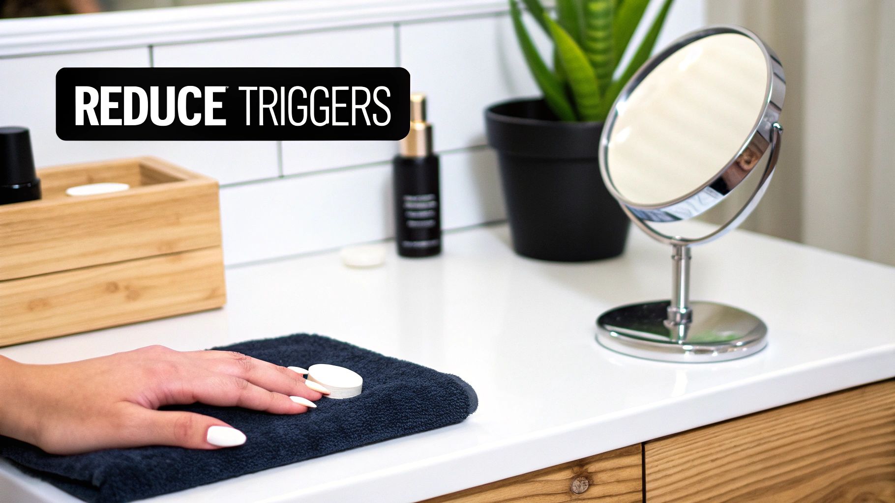 A bathroom counter scene with a hand, towel, cotton pads, mirror, and 'REDUCE TRIGGERS' text.