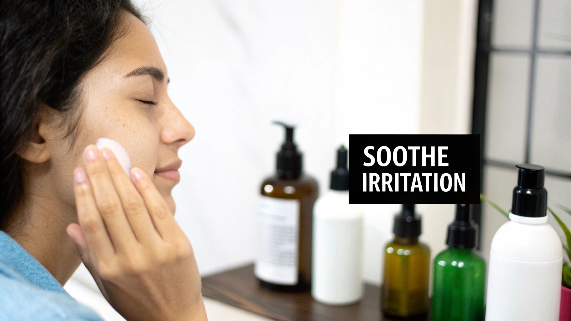 Woman applies a soothing product to her cheek with a cotton pad, alongside skincare bottles and 'SOOTHE IRRITATION' text.