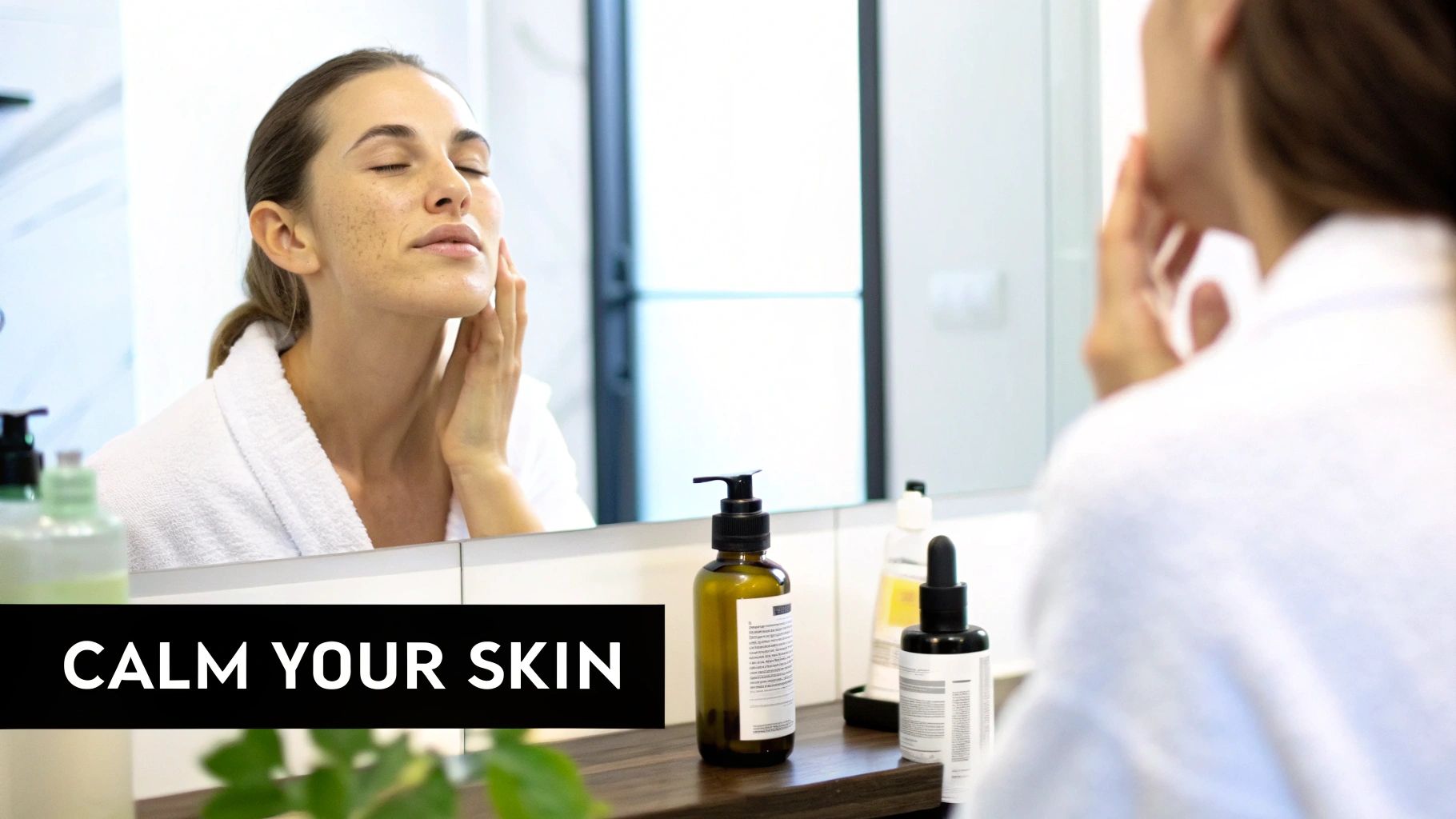 Woman in white bathrobe examining her calm healthy skin in bathroom mirror with skincare products