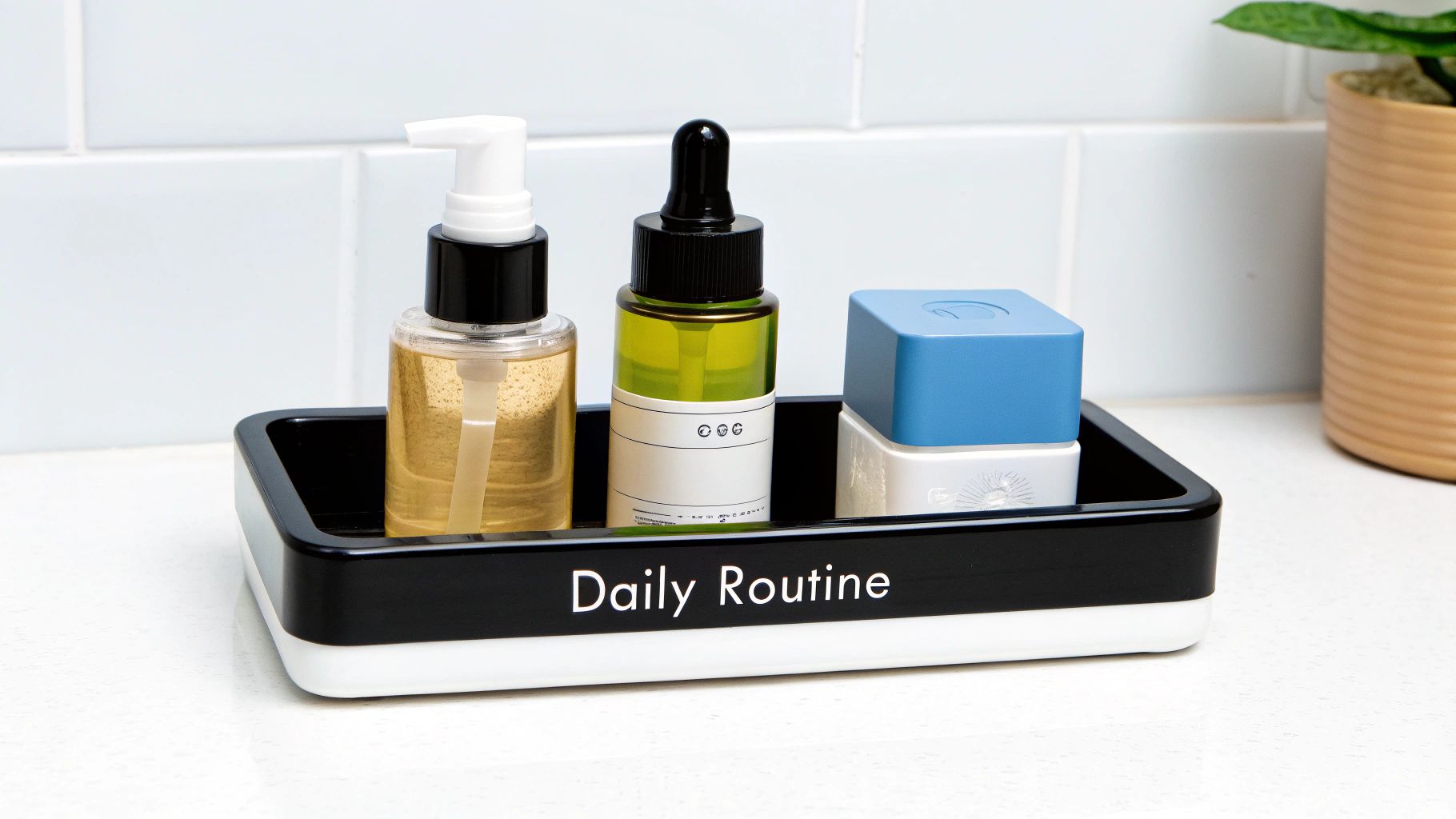 A black and white daily routine organizer holds three skincare products on a white counter.