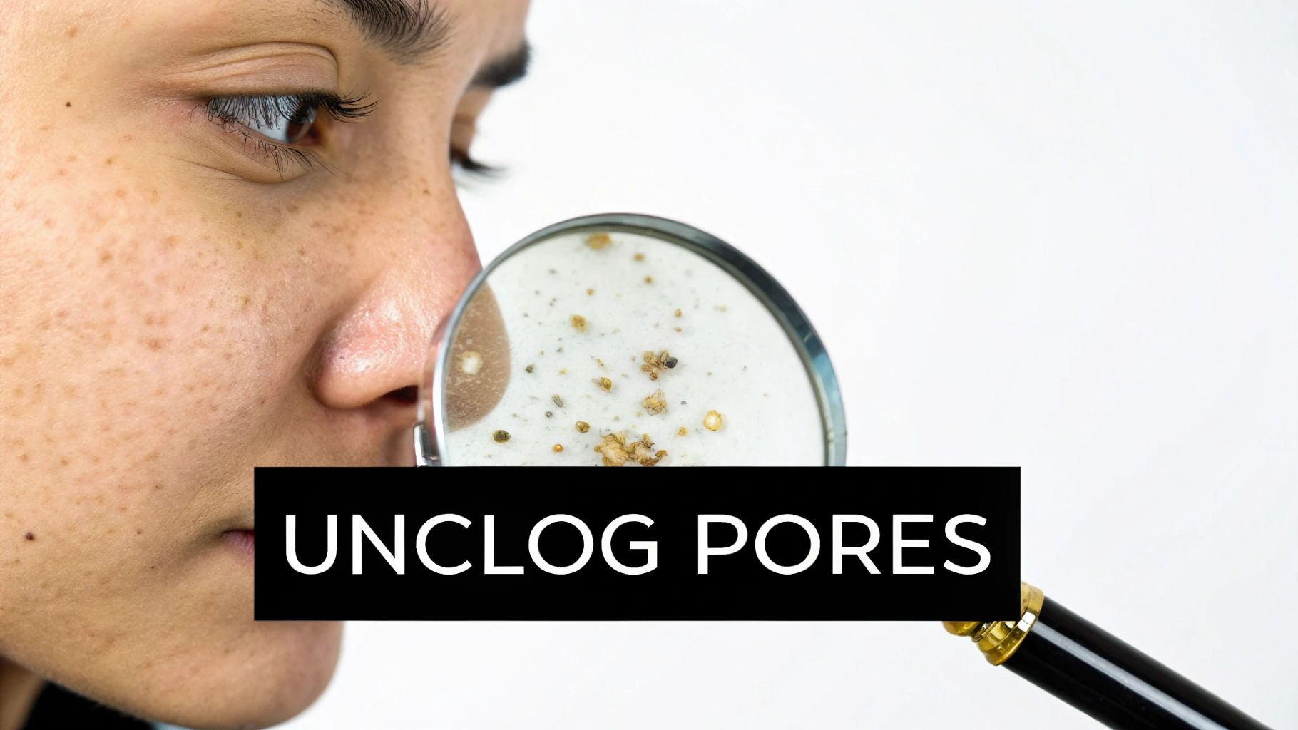 Close-up of a person's face with freckles, a magnifying glass highlights clogged pores, and text says 'UNCLOG PORES'.