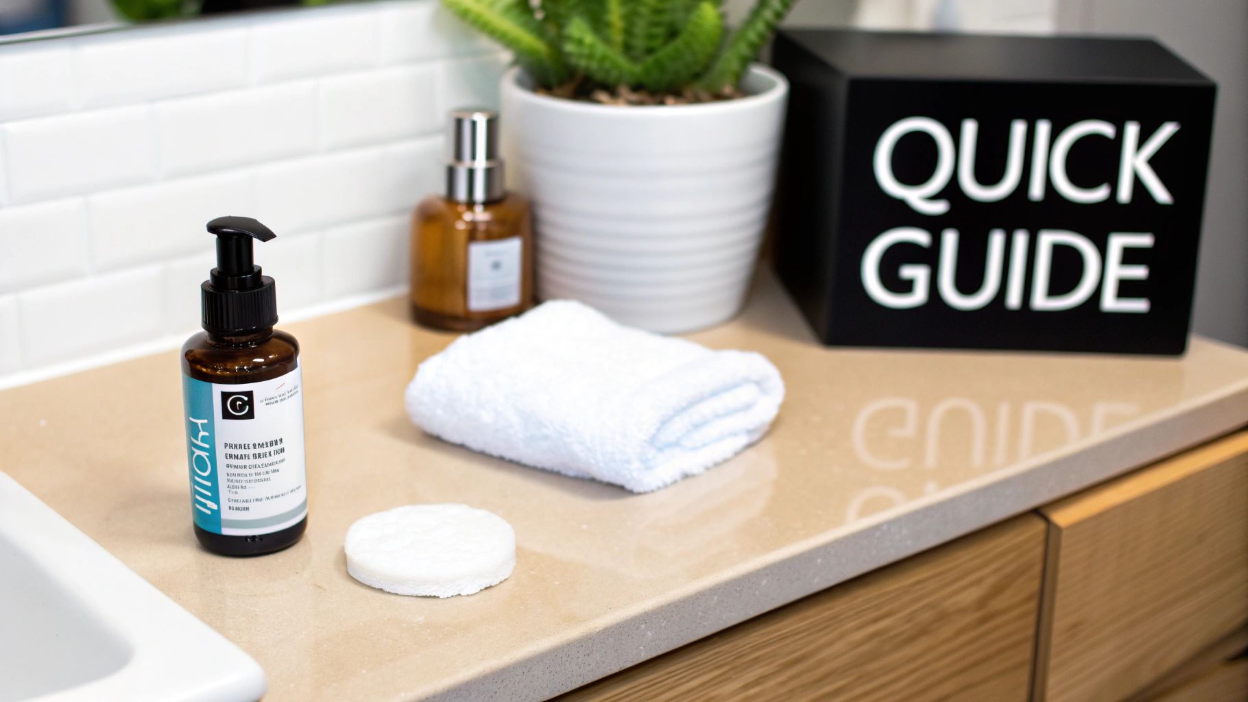 Person applying a skincare product to their face in a clean, bright bathroom setting