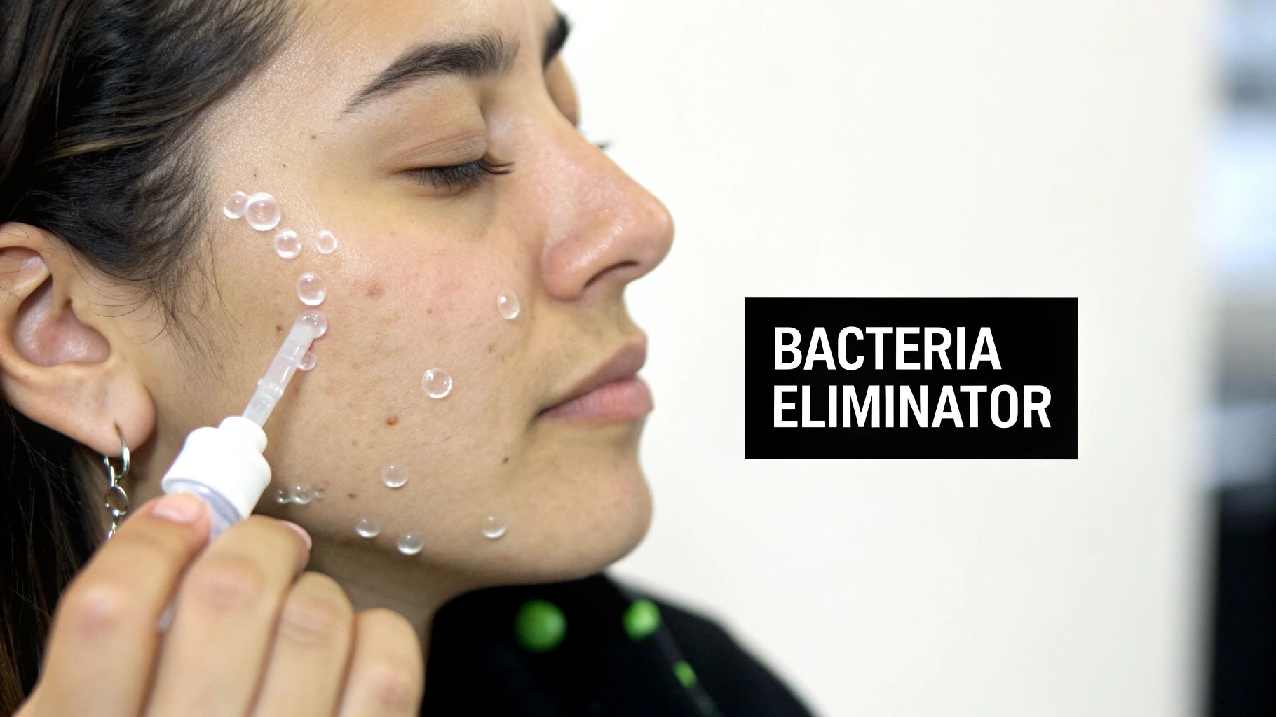 A person applies clear liquid drops to their face with a skincare applicator, with 'BACTERIA ELIMINATOR' text.
