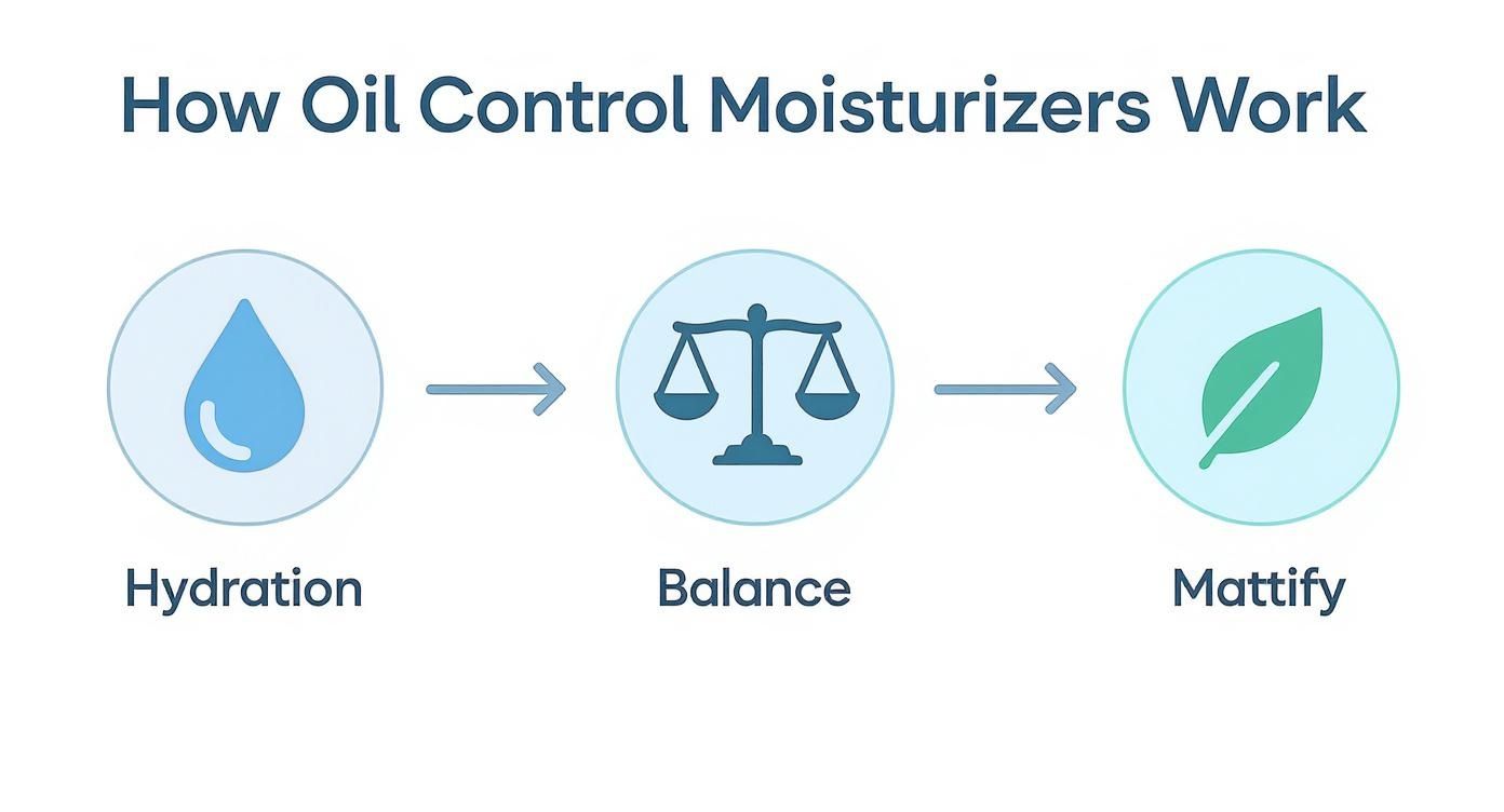 Diagram illustrating how oil control moisturizers work: hydration leads to balance, which then leads to mattify.