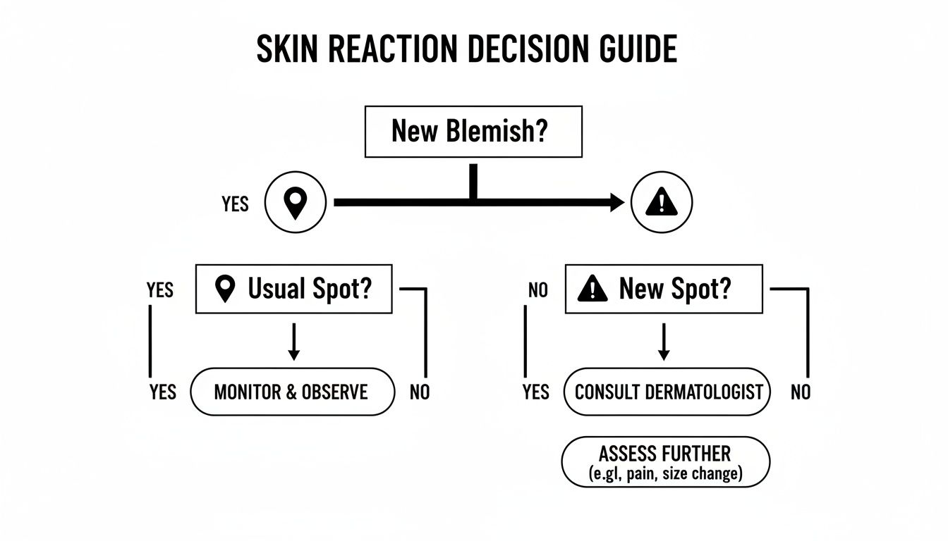 Flowchart guides decisions for skin reactions: monitor usual blemishes, consult doctor for new or unusual spots.
