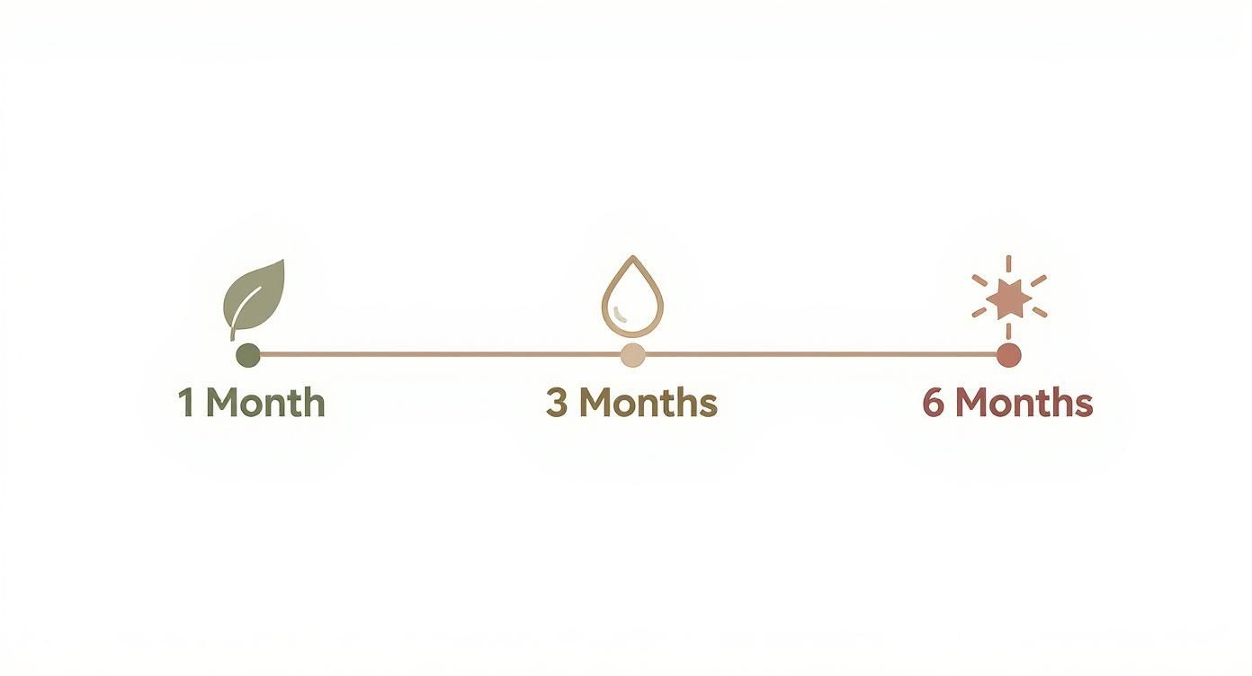 Timeline showing three stages of hormonal acne treatment: one month, three months, and six months