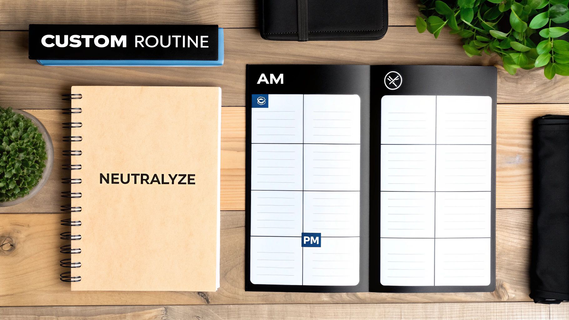 Flat lay of skincare products on a wooden desk, including a custom routine box and a neutralize notebook.