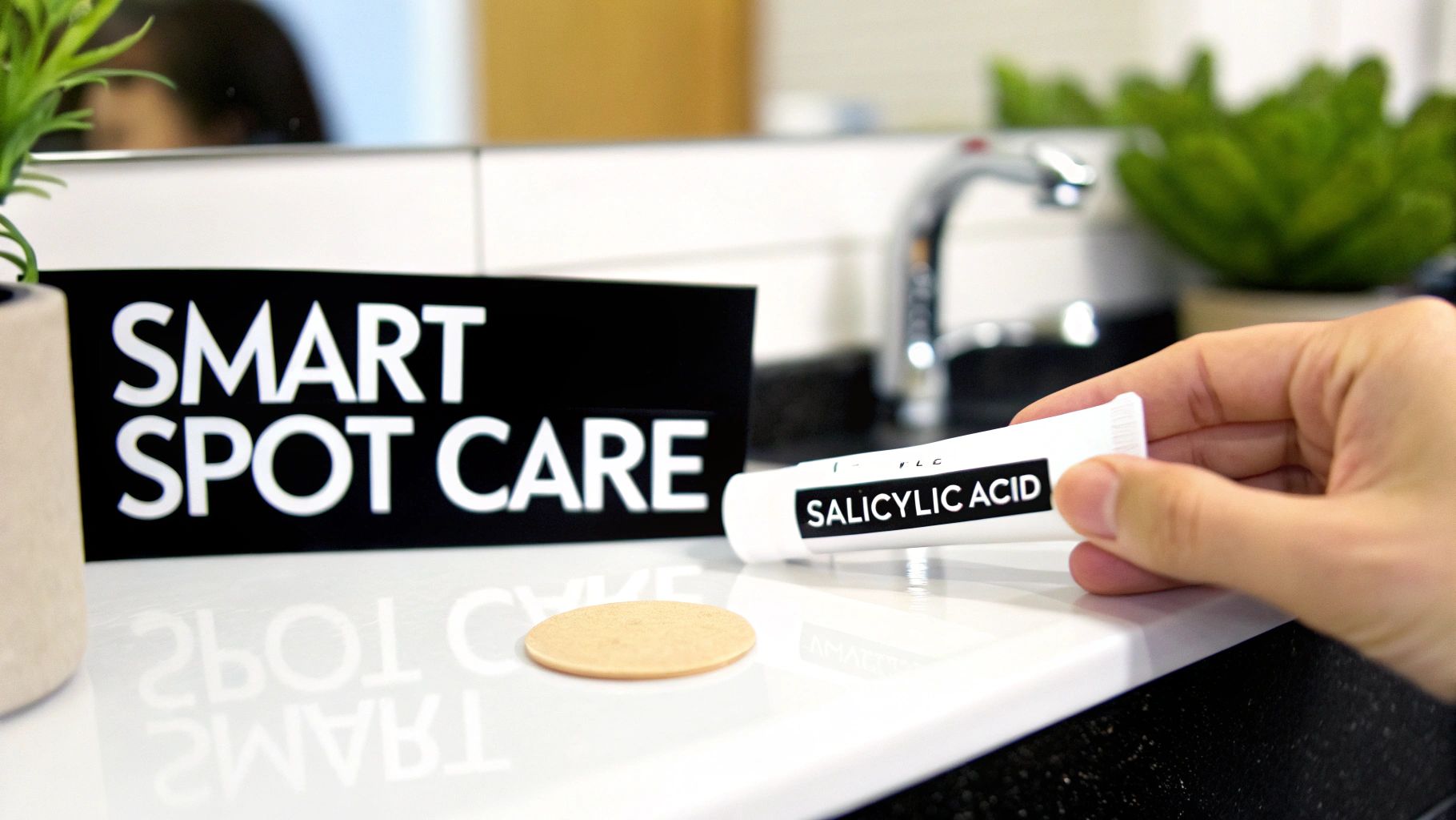 Close-up of skincare essentials: salicylic acid tube, round pimple patch, and 'SMART SPOT CARE' sign.