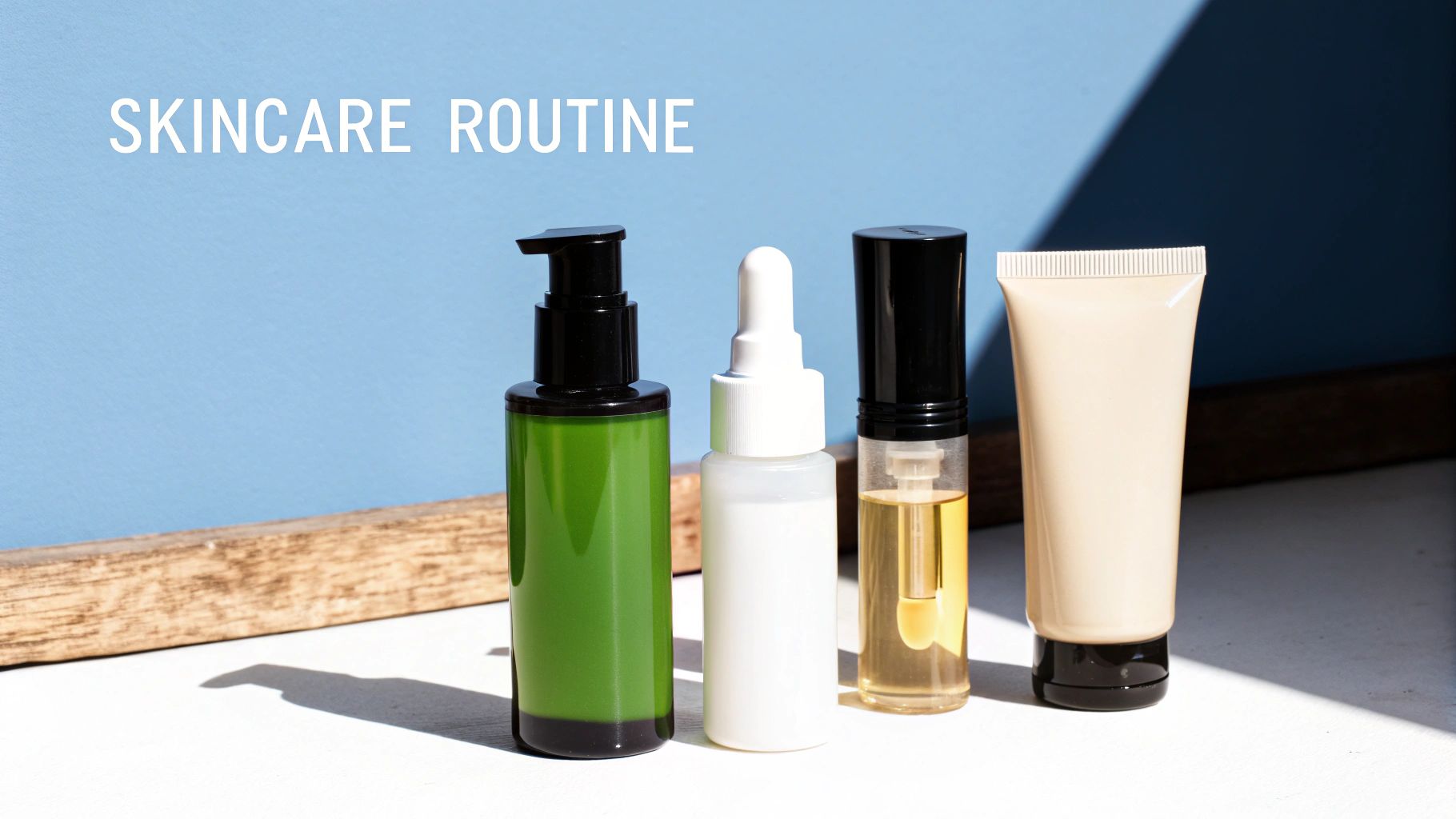 Skincare routine products including cleanser, serum, oil treatment, and moisturizer arranged on wooden surface