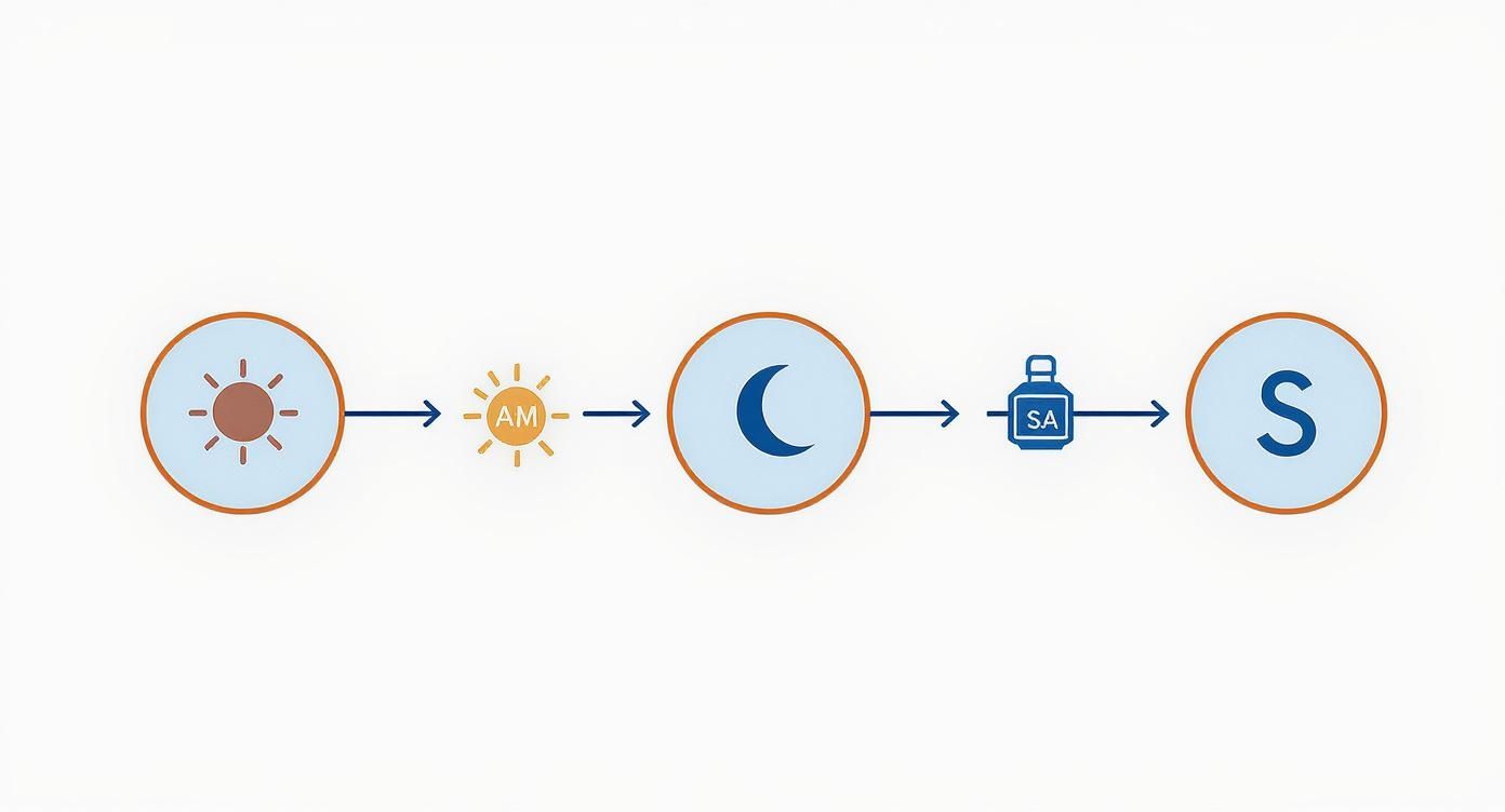 Infographic showing a decision tree for a skincare routine, starting with AM (sun icon) using benzoyl peroxide (B icon) and ending with PM (moon icon) using salicylic acid (S icon).