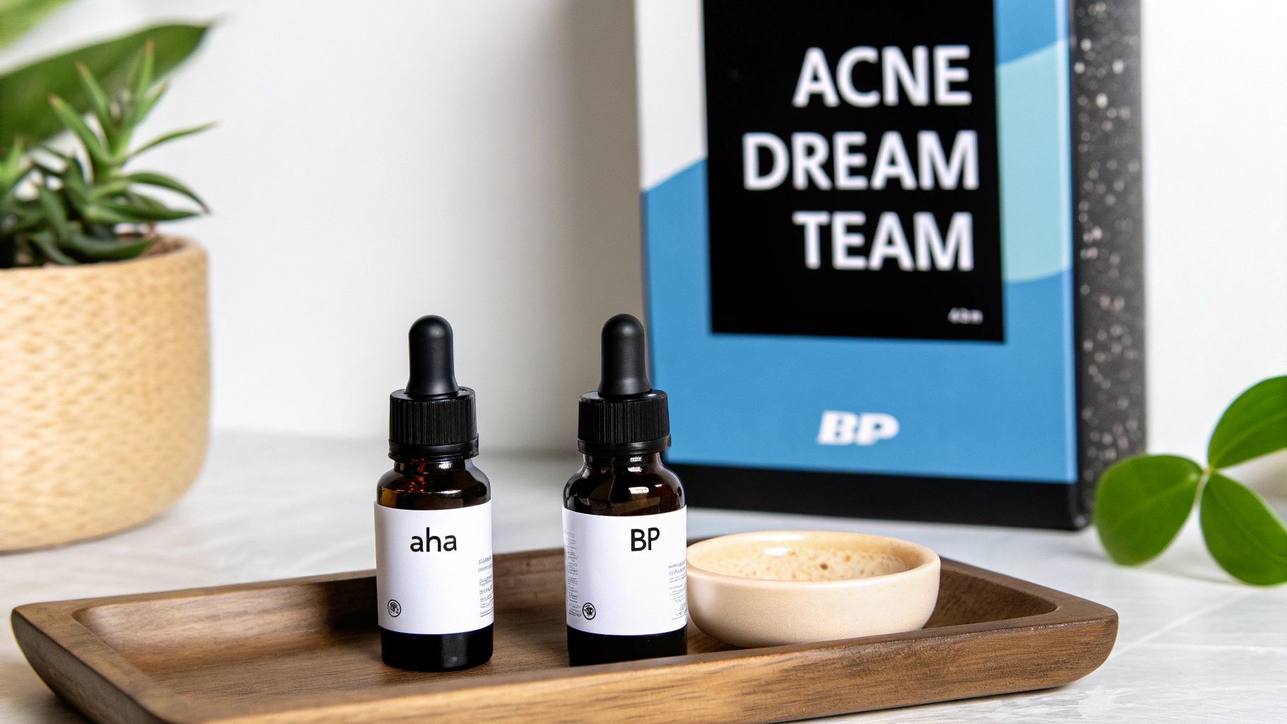 A clean, modern image showing the molecular structures of Glycolic Acid and Benzoyl Peroxide.