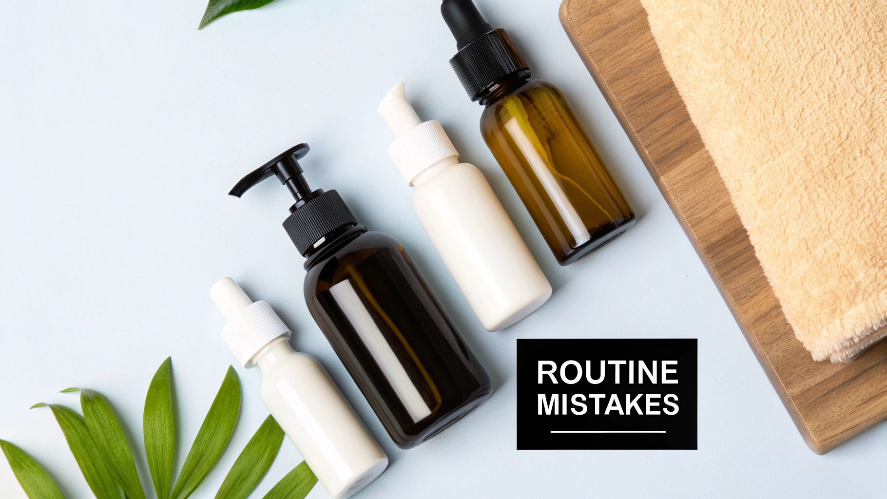 A person applying skincare products in a bathroom mirror, looking concerned.