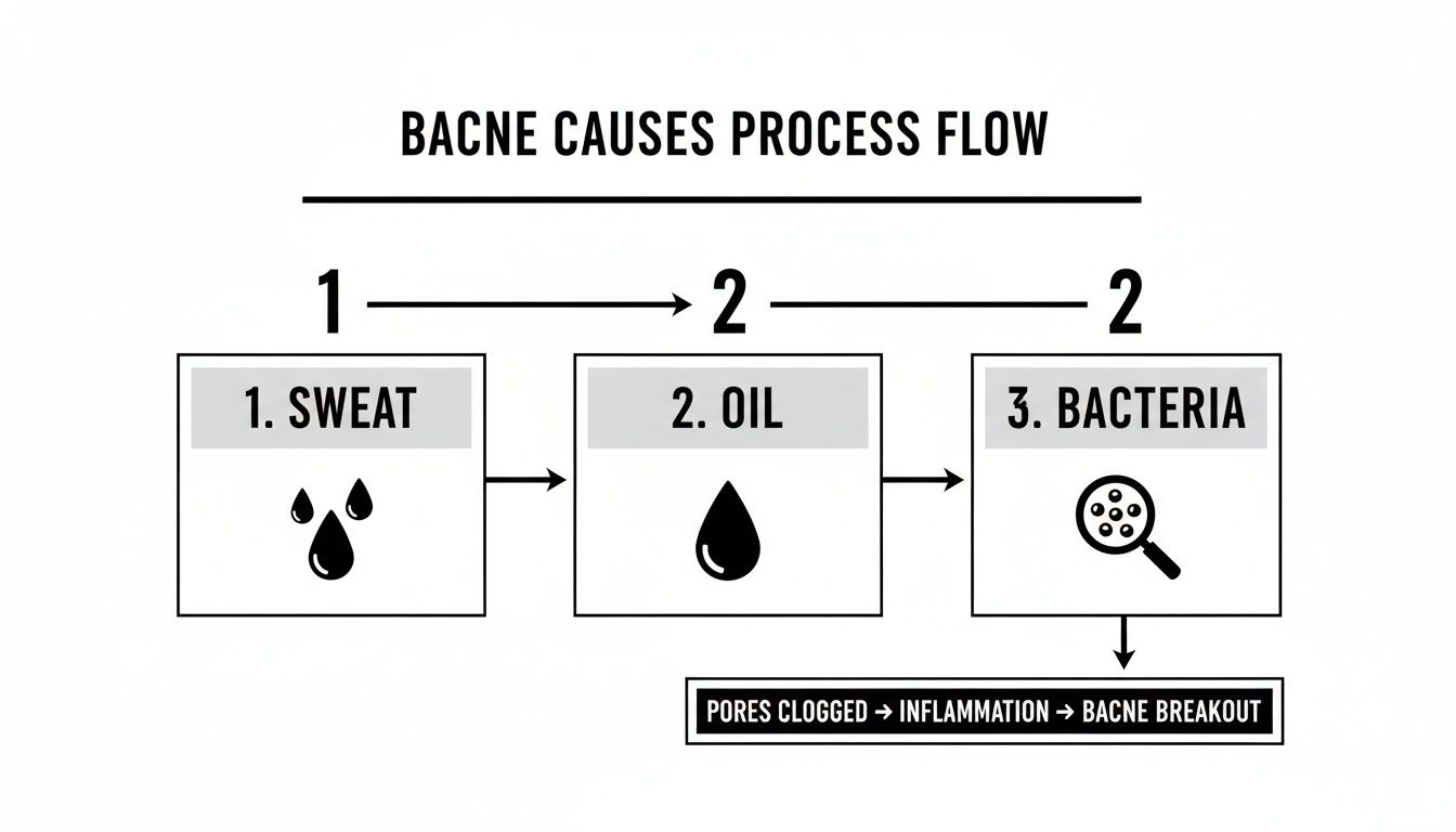 Diagram illustrating the bacne causes process flow: sweat and oil combine with bacteria leading to breakout.