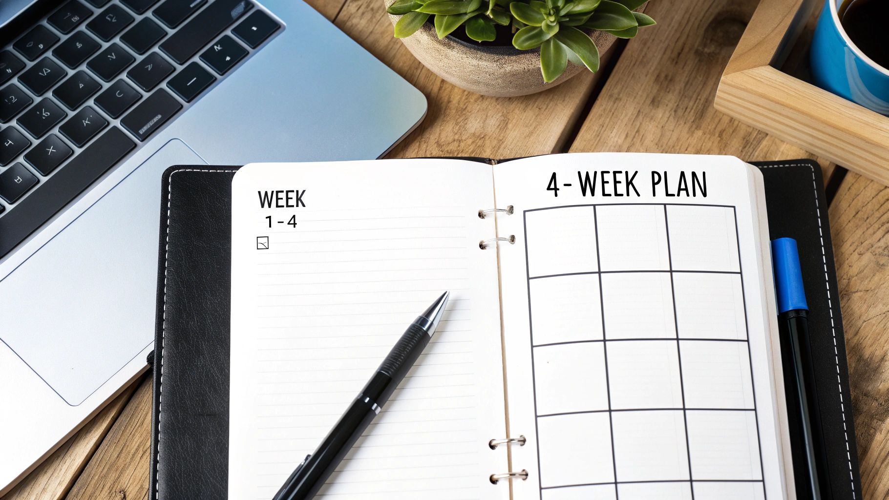 Open planner showing four week plan grid layout on wooden desk with laptop and pen