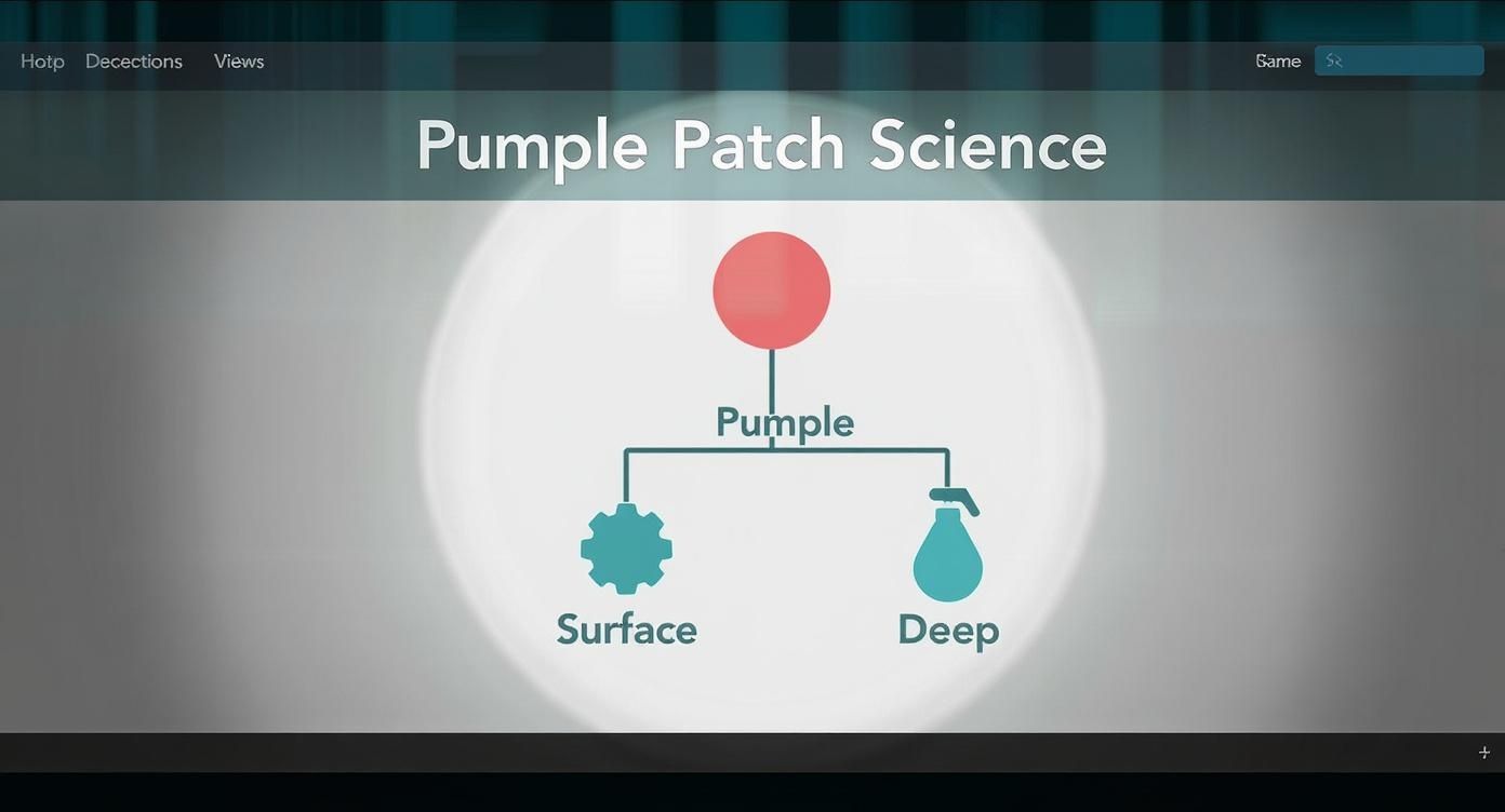 Infographic decision tree explaining whether to use a surface or deep-acting pimple patch based on the pimple type.