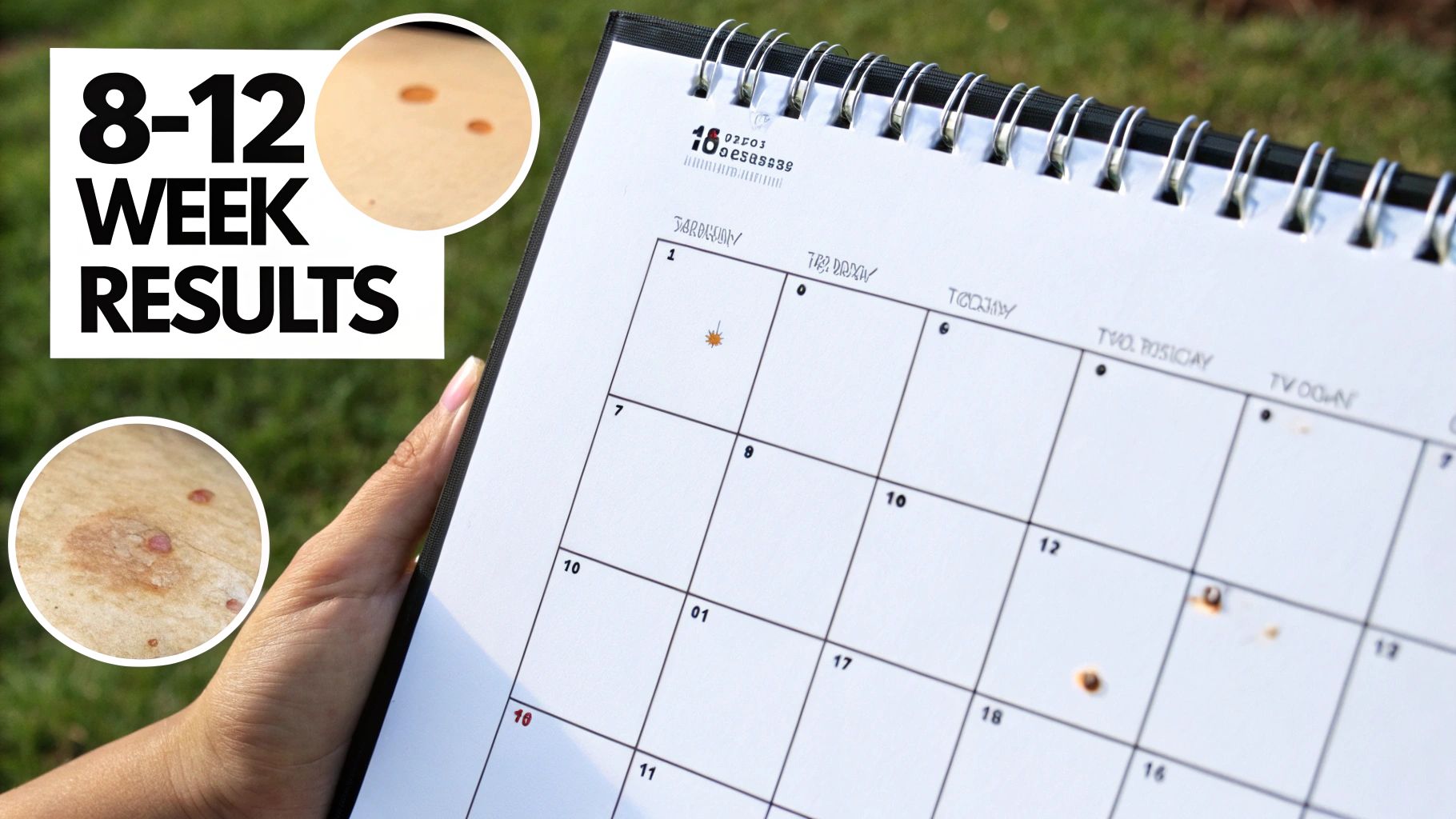 Hand holding a calendar showing 8-12 week skin treatment results with before and after comparison images.