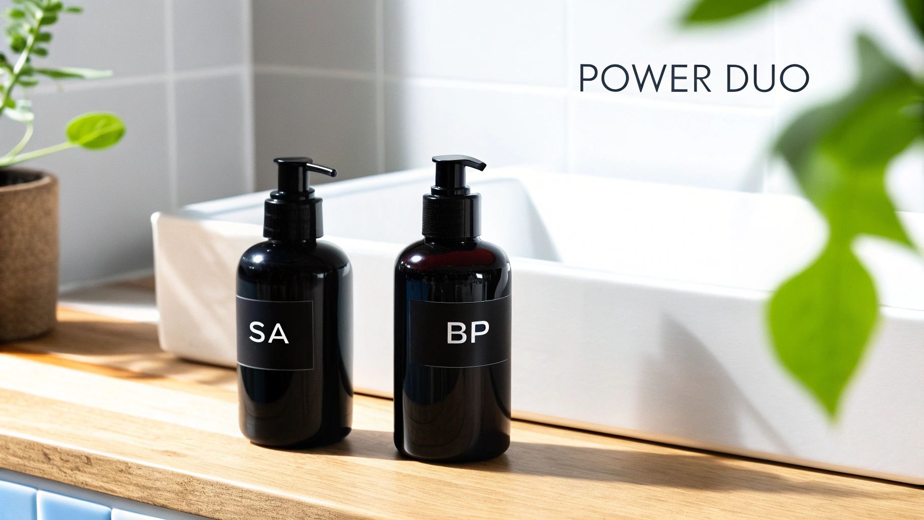 Two black pump bottles labeled SA and BP on a wooden counter in a bathroom, with text 'POWER DUO'.