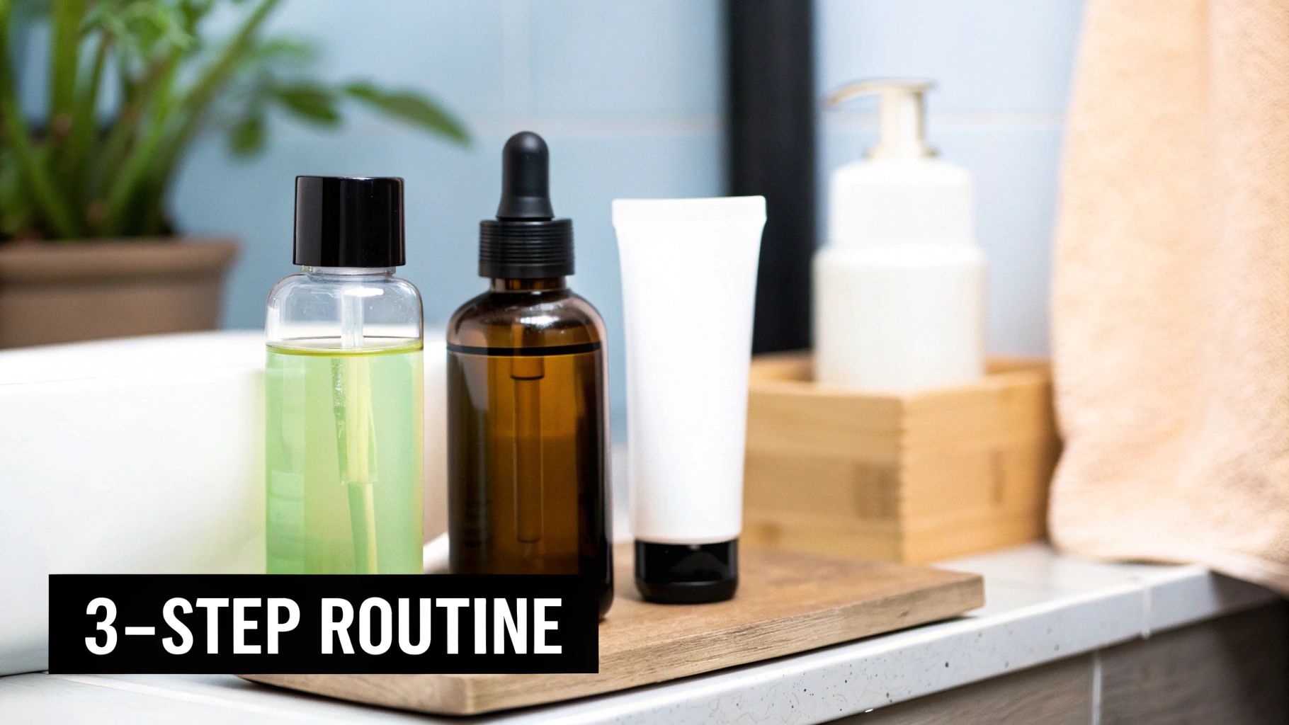 Three bottles of skincare products on a wooden tray in a bathroom, labeled '3-STEP ROUTINE'.