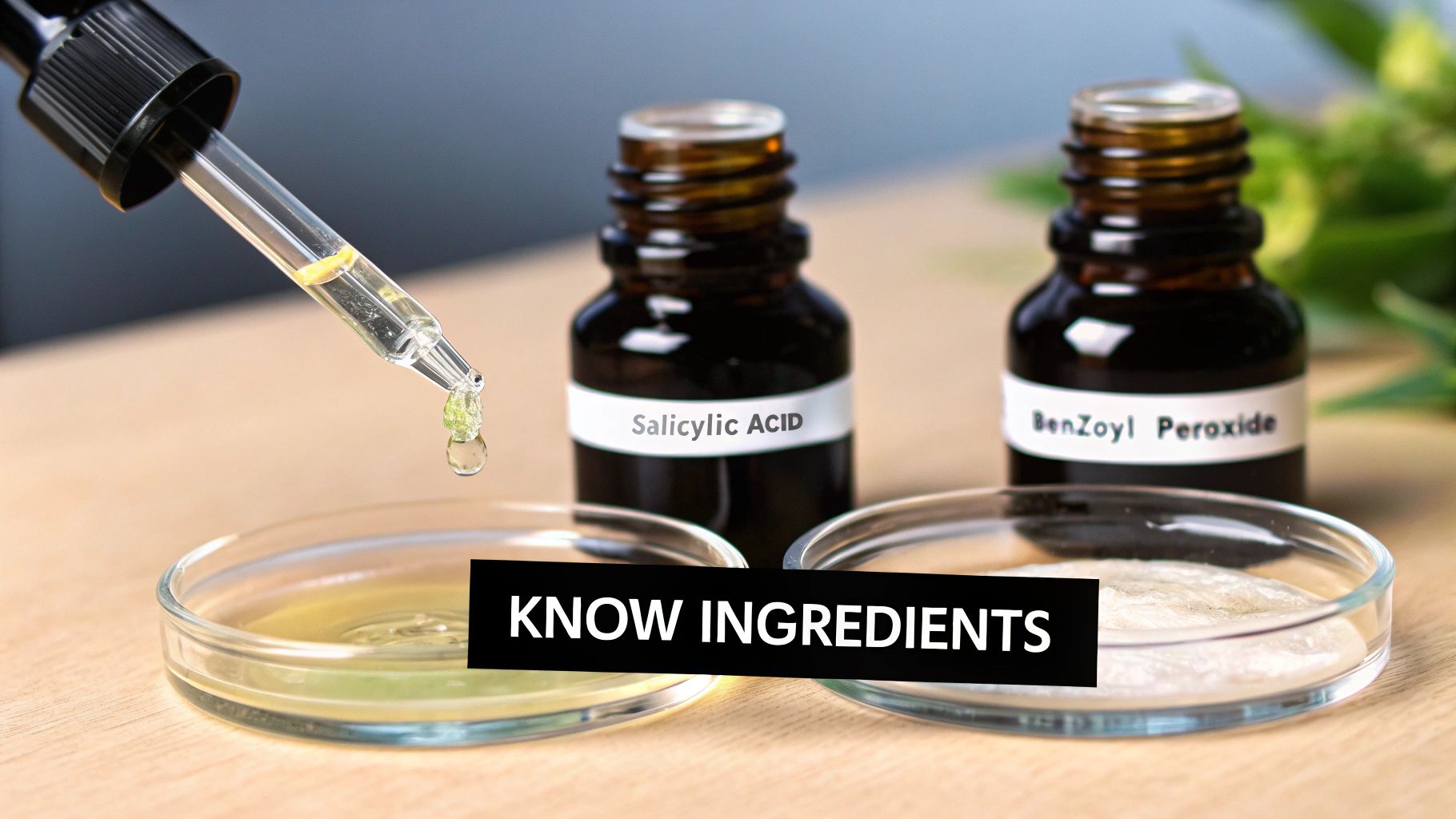 Close-up of a dropper, petri dishes, and bottles labeled Salicylic Acid and Benzoyl Peroxide for skincare.
