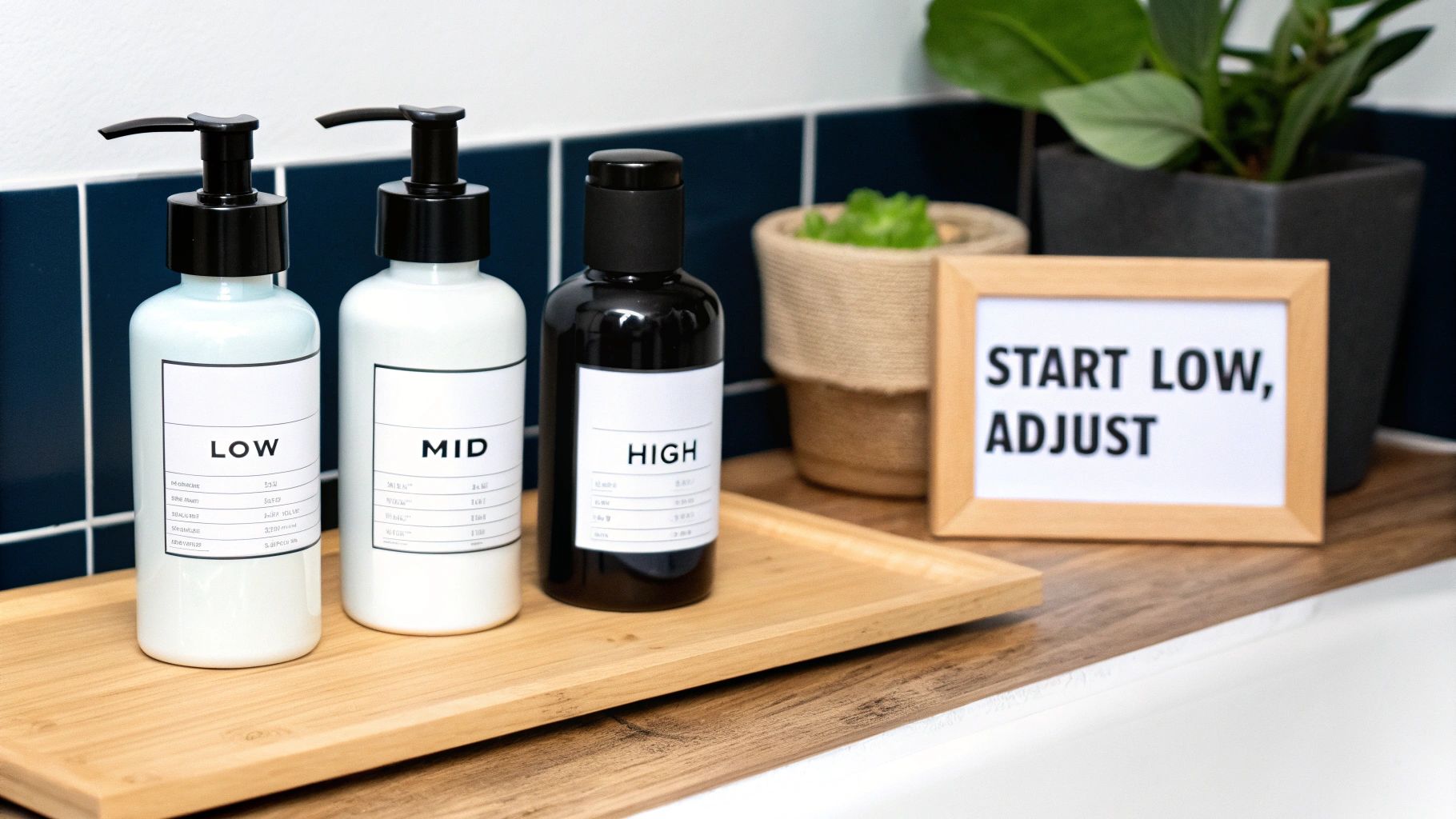 Three labeled bottles marked low, mid, high with sign reading start low adjust
