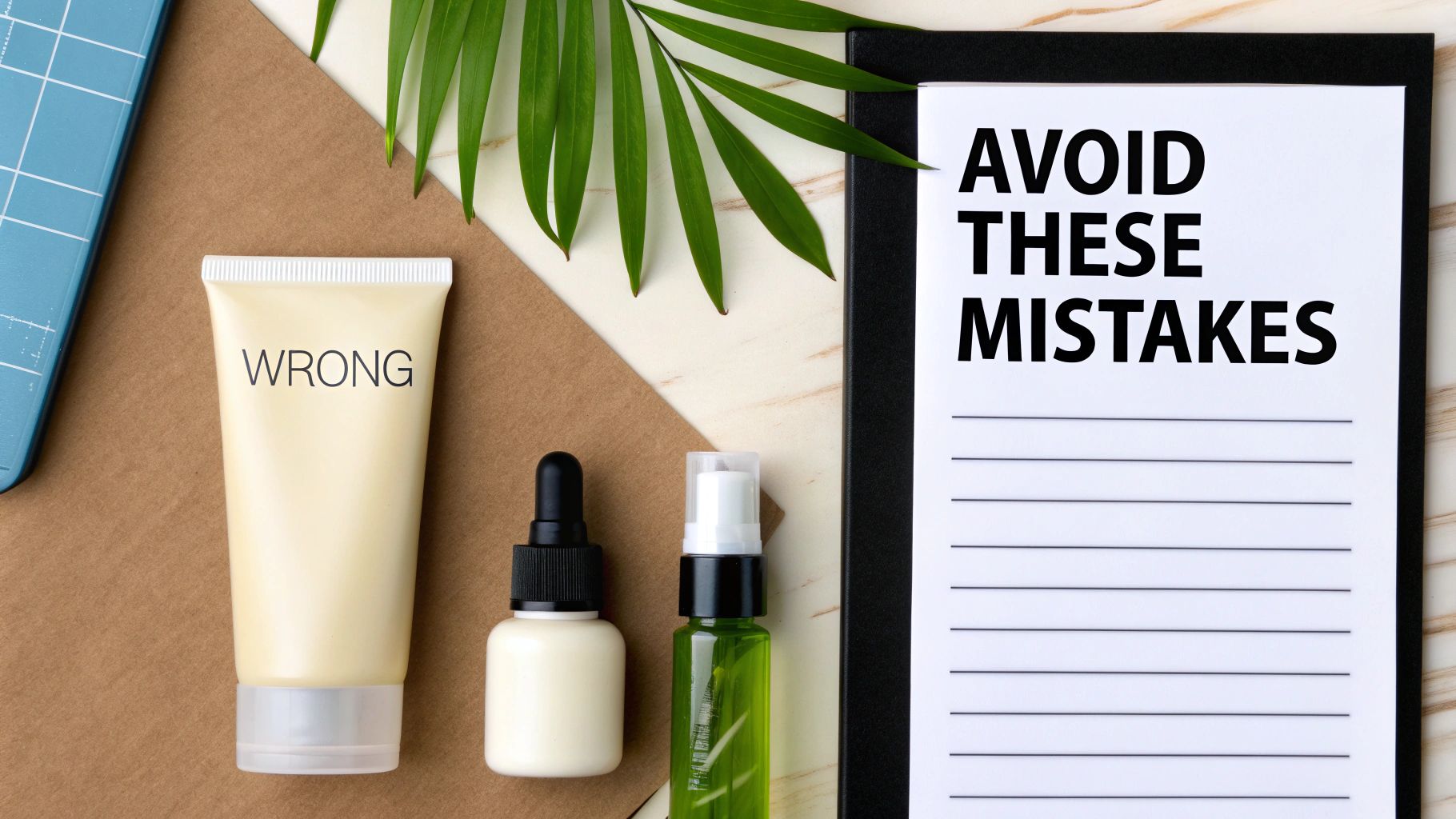 Flat lay showing skincare products, one labeled 'WRONG', beside a notepad with 'AVOID THESE MISTAKES' and blank lines.