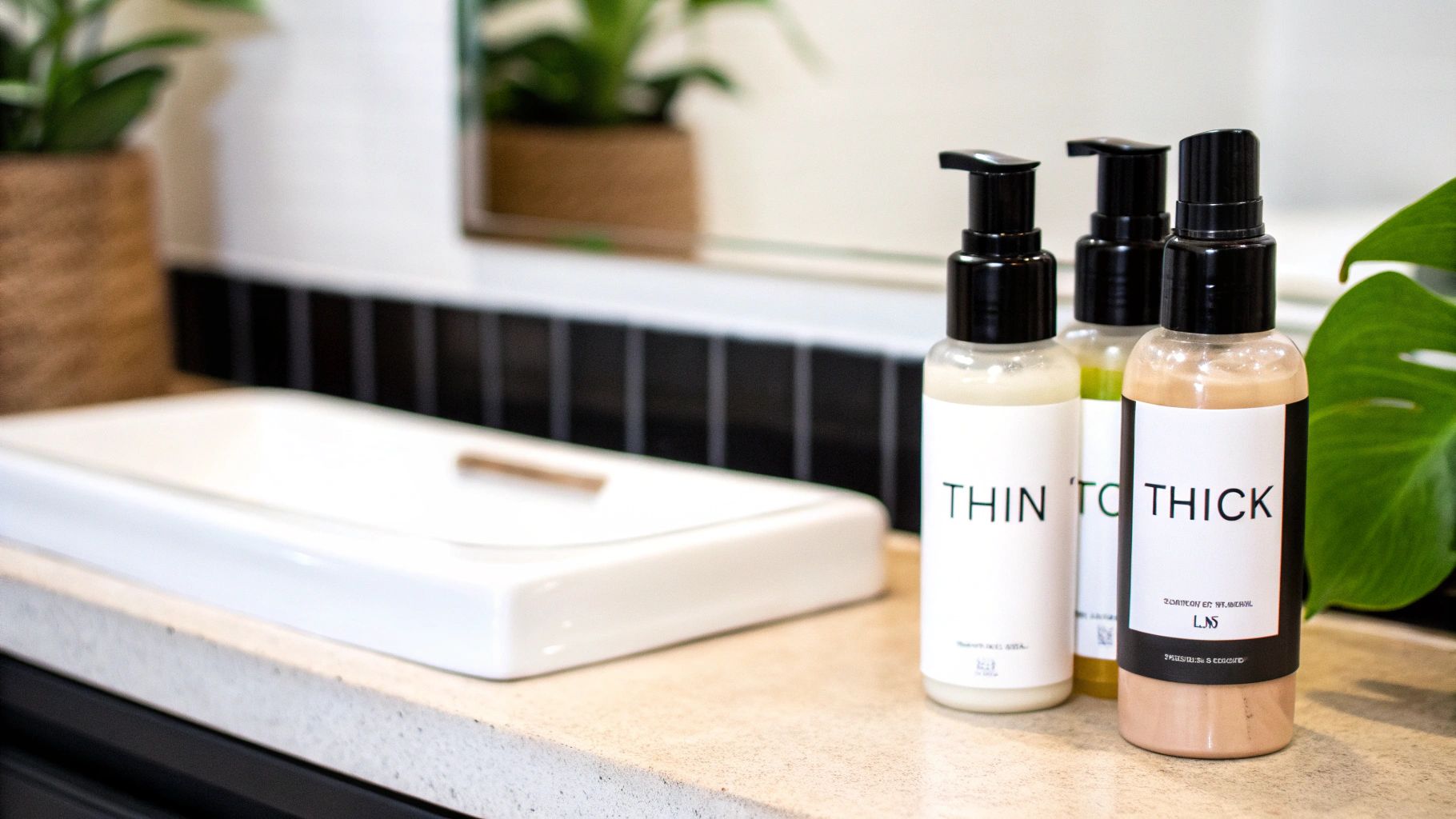 Three bottles of 'Thin to Thick' skincare products sit on a bathroom counter next to a white tray.