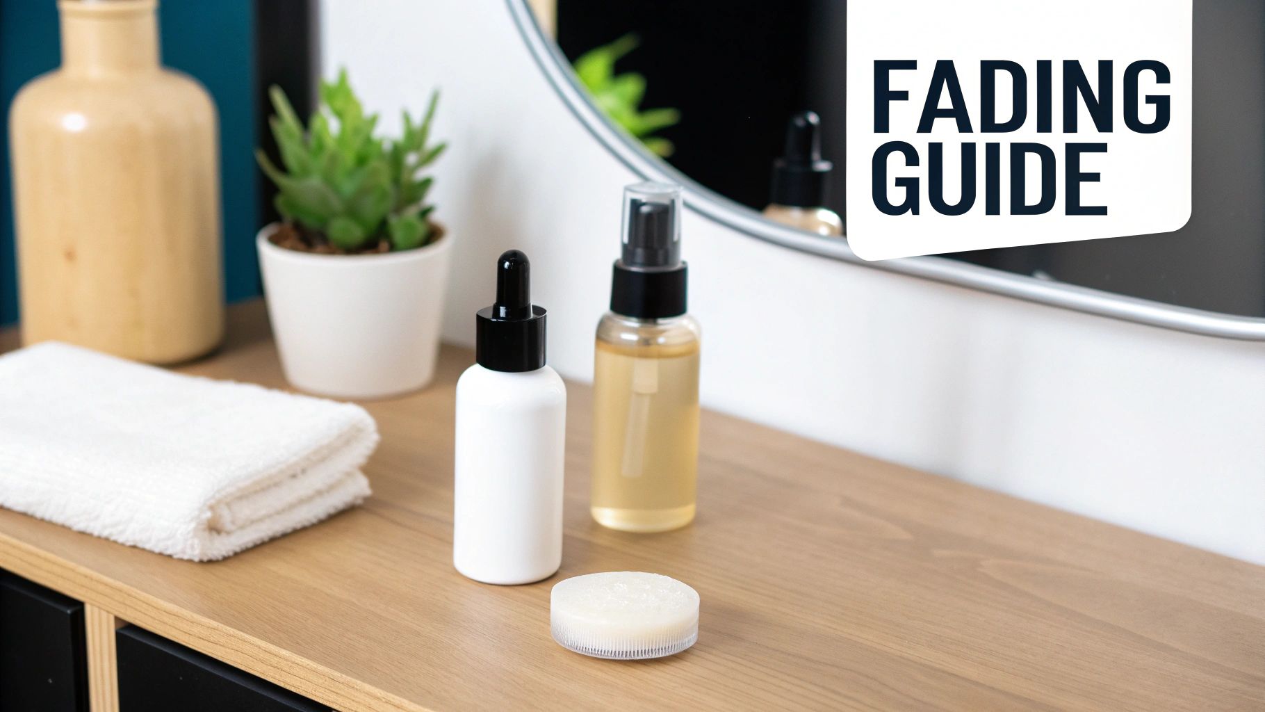 A collection of skincare products, including bottles, a towel, and a massage scrubber, on a wooden vanity with a mirror.