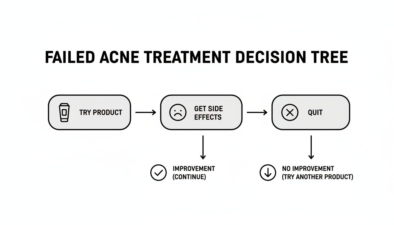 A decision tree flowchart illustrating steps and outcomes for failed acne treatment, including trying products and quitting.
