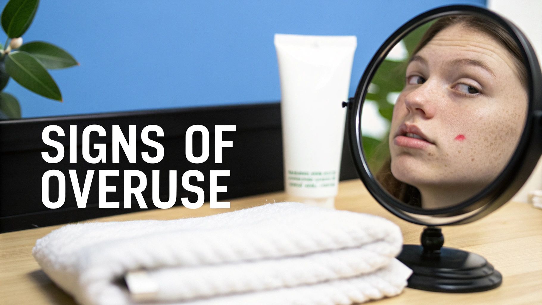 Woman examining skin in mirror showing signs of overuse from glycolic acid treatment