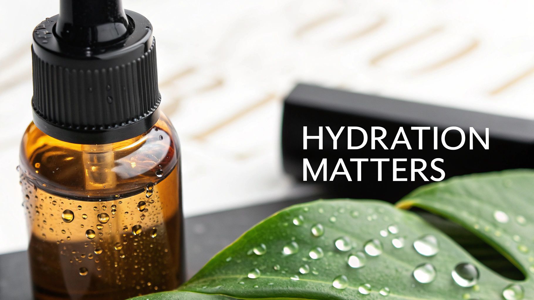 Amber dropper bottle and dewy green leaf, highlighting the importance of hydration for skin.